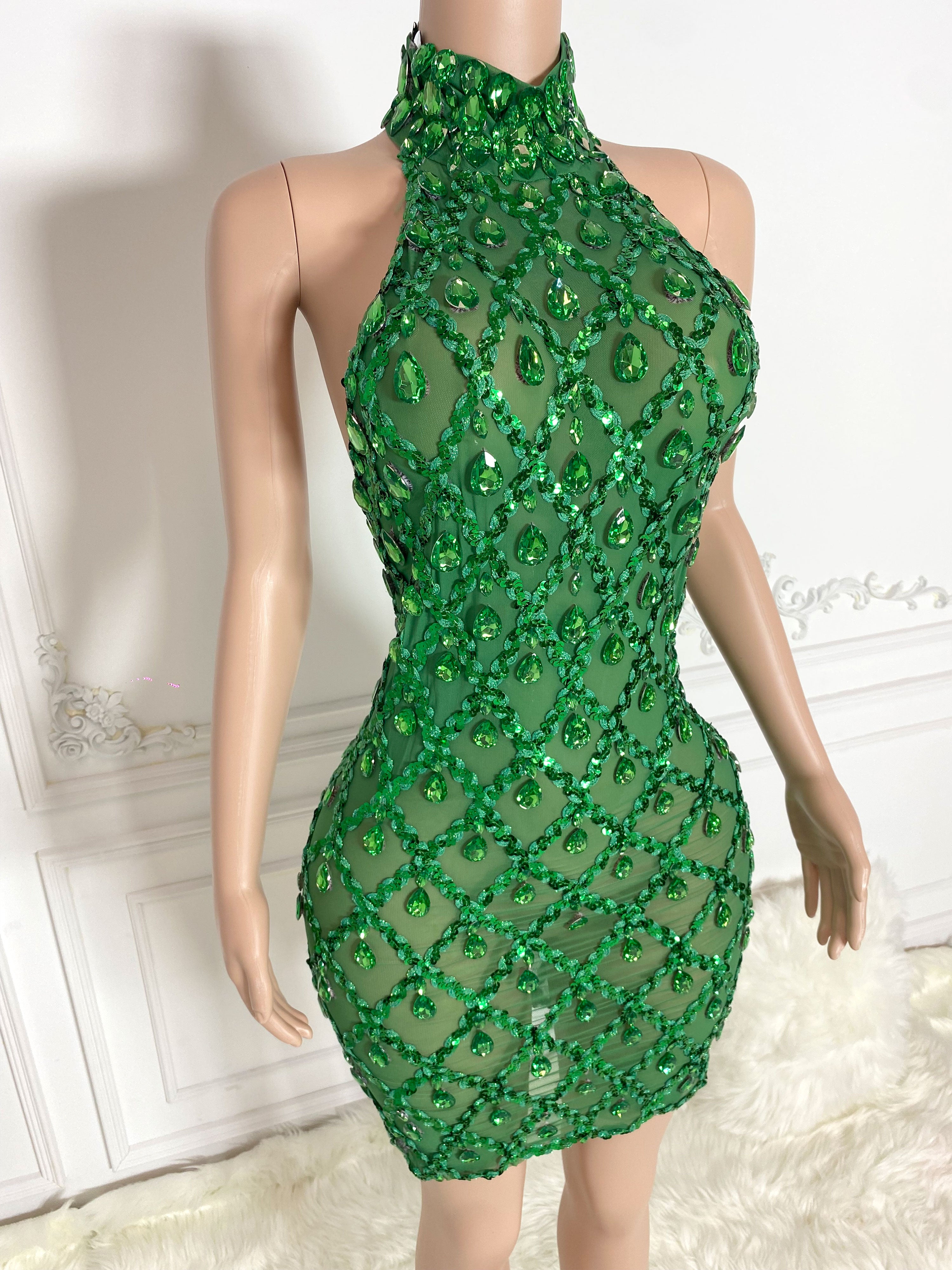 Green See Through and Big Rhinestone Sleeveless Mini Dress