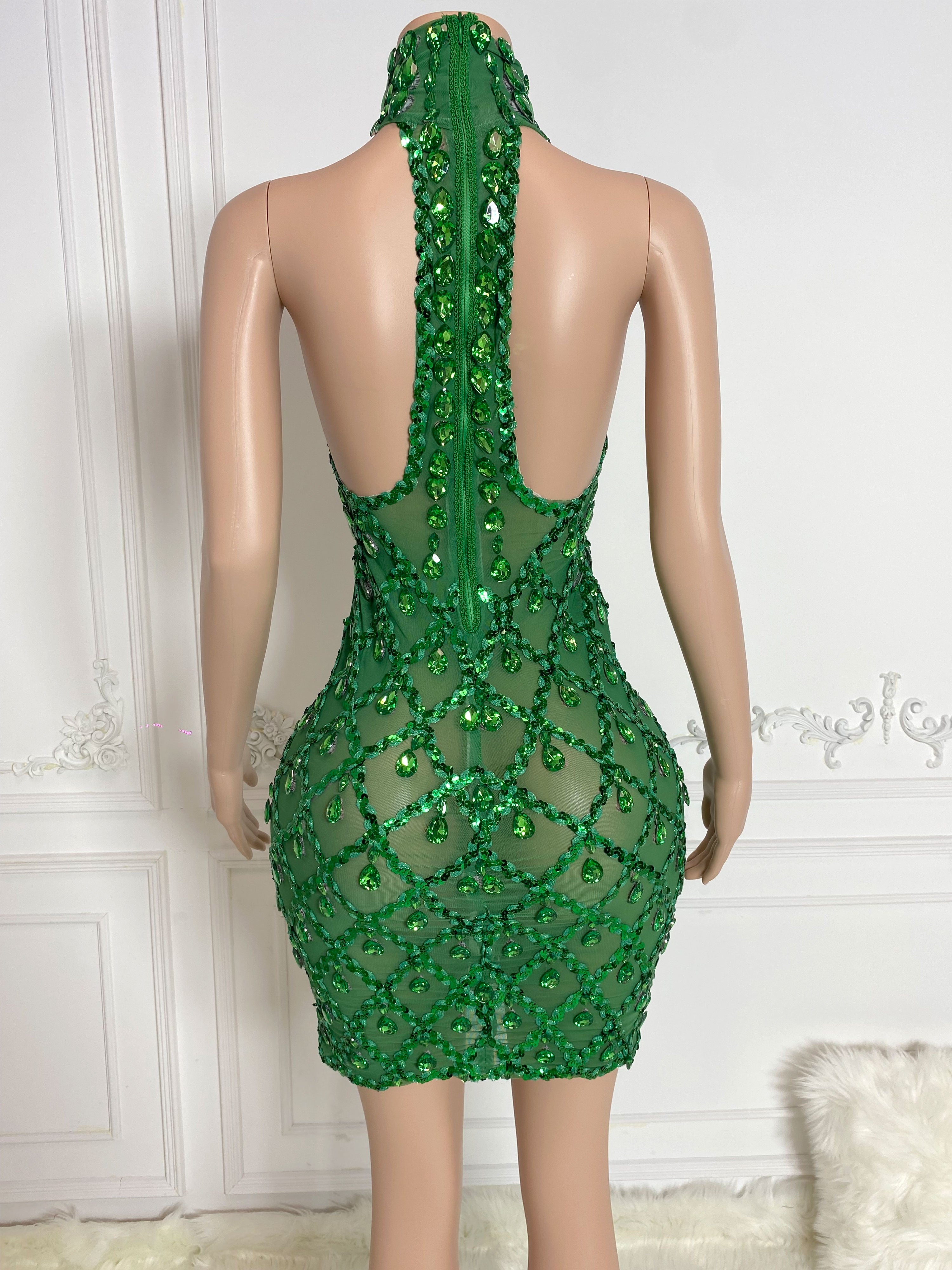 Green See Through and Big Rhinestone Sleeveless Mini Dress