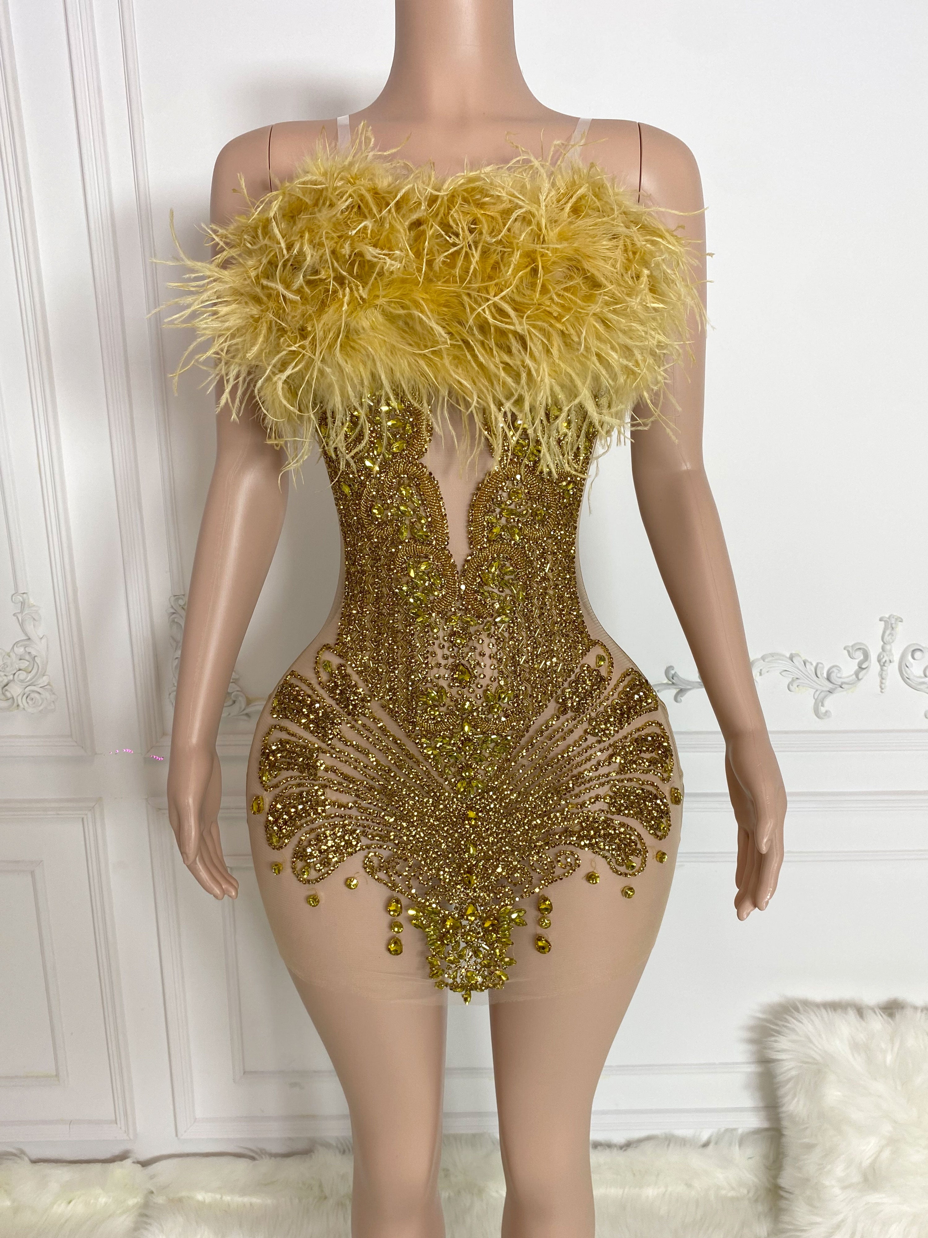 Gold Fur and Rhinestone Embellished Sleeveless Mini Dress