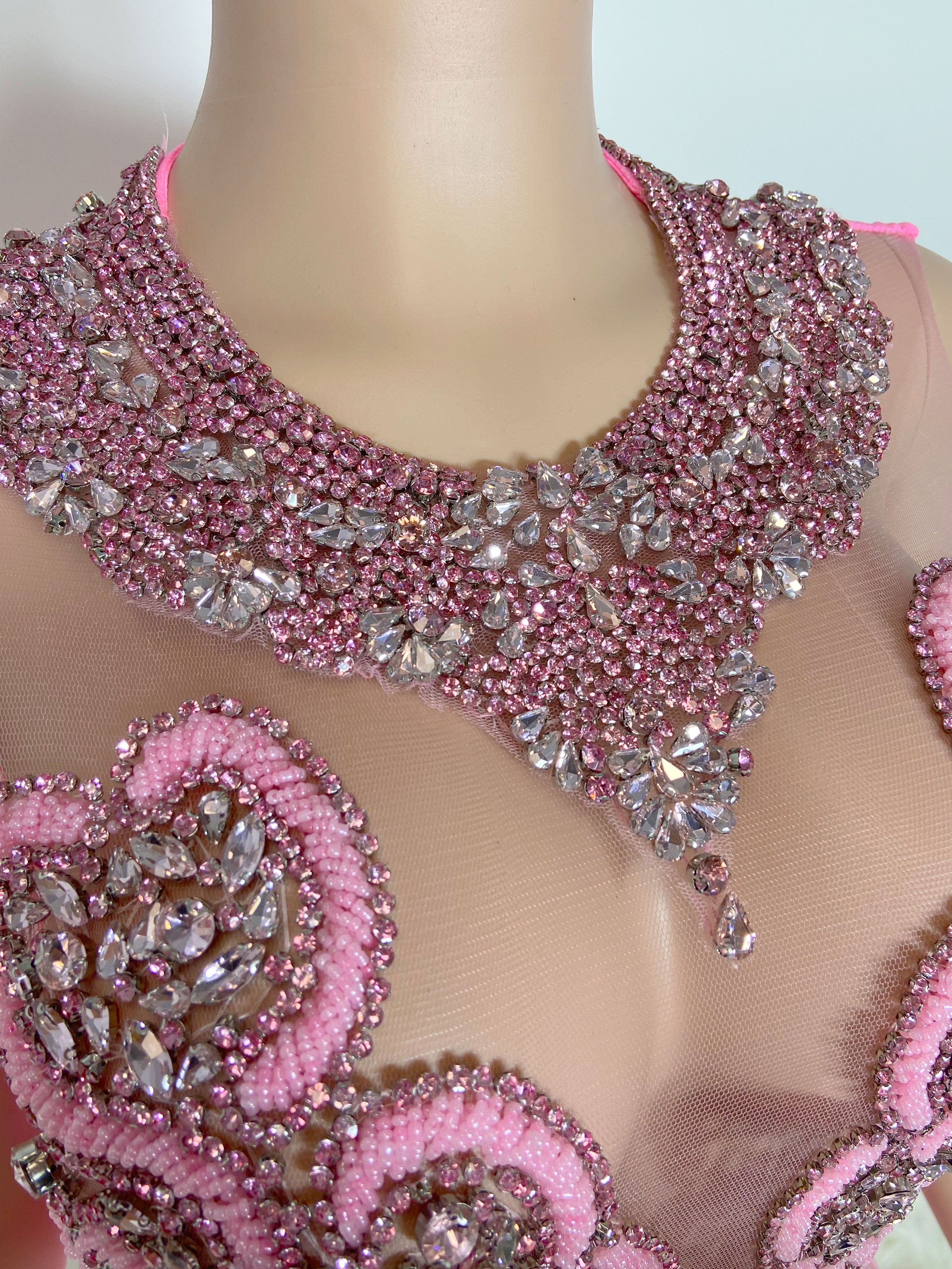 Pink Rhinestone Collar Sleeveless Rhinestones Mini Dress