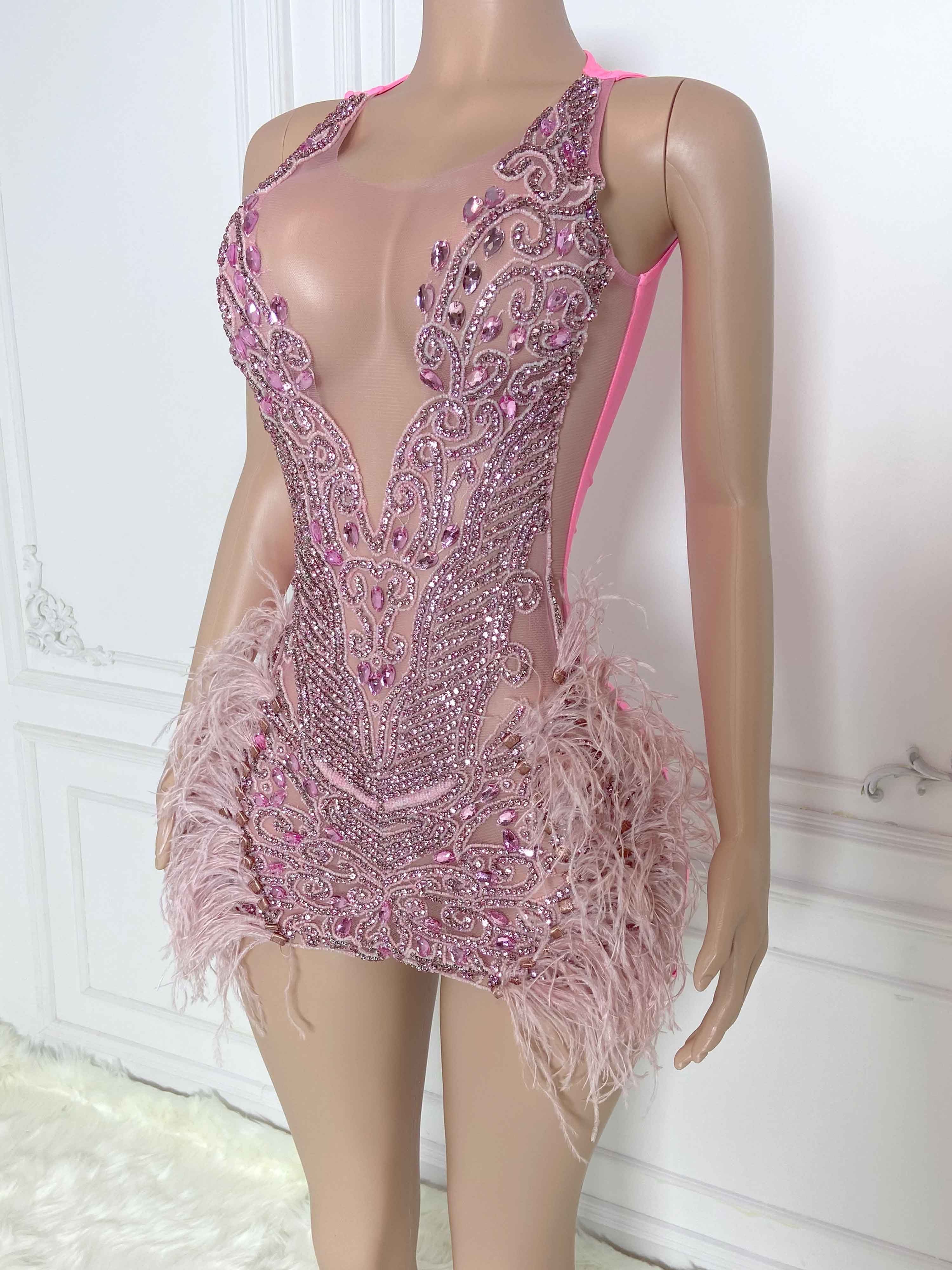 Pink Ostrich Fur and Rhinestone Sleeveless Mini Dress