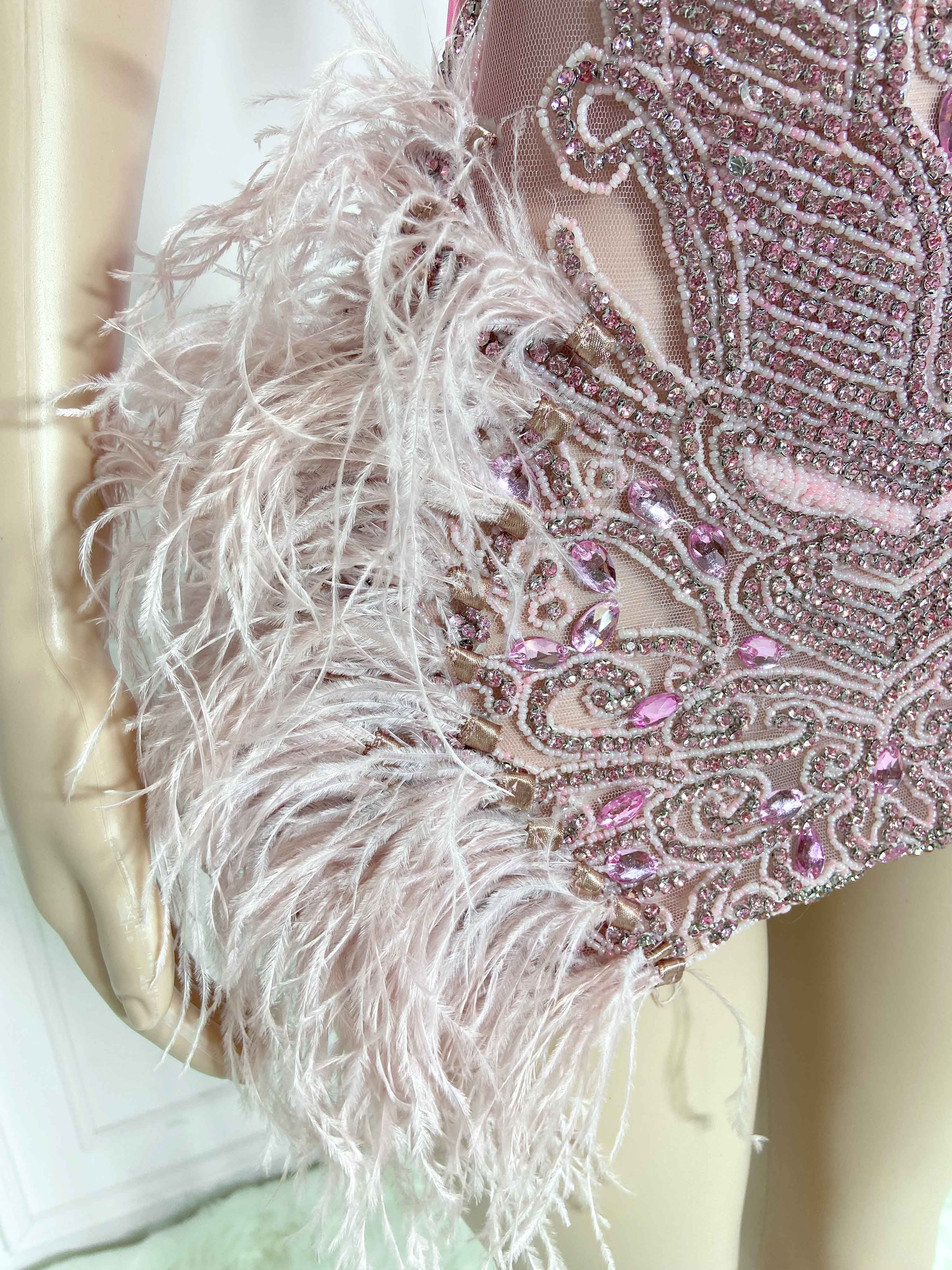 Pink Ostrich Fur and Rhinestone Sleeveless Mini Dress