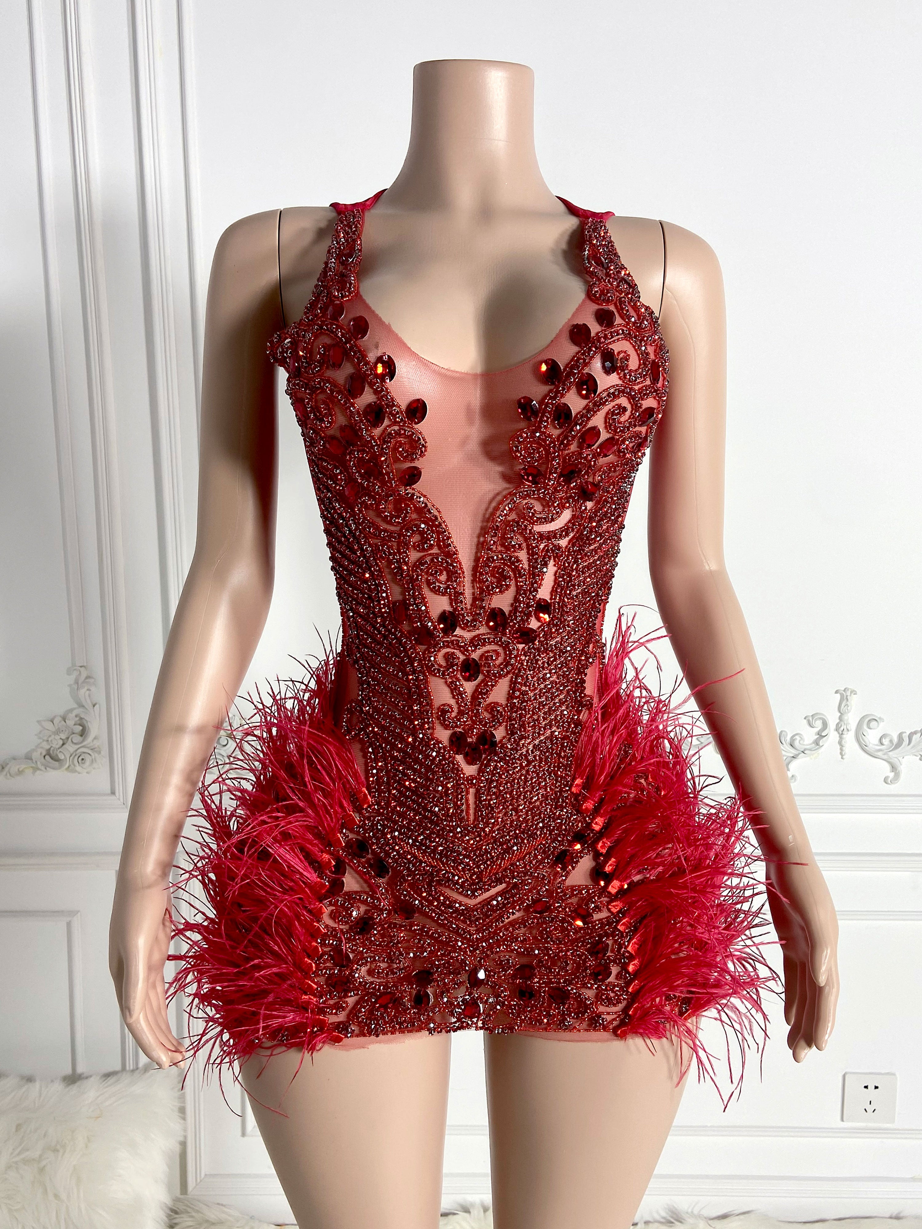Red Stunner Feather Mini Dress