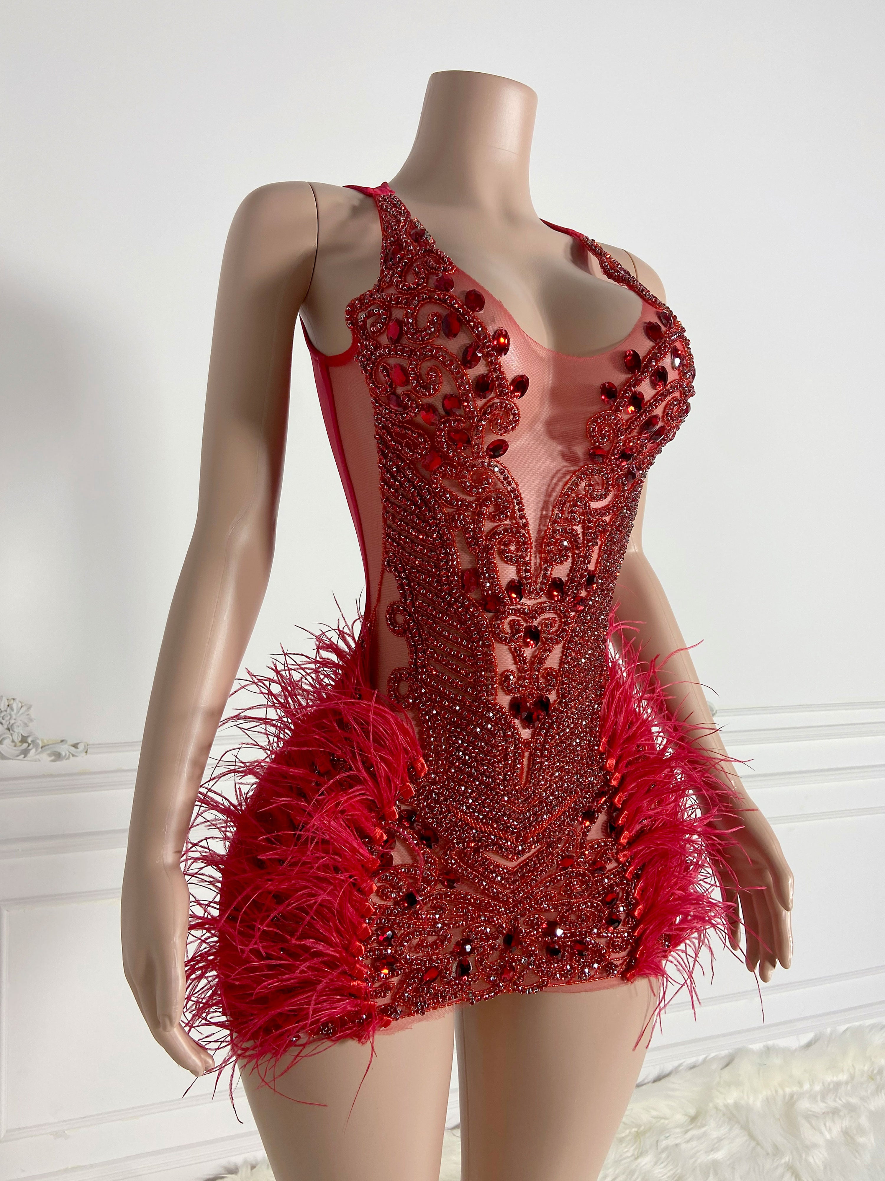 Red Stunner Feather Mini Dress