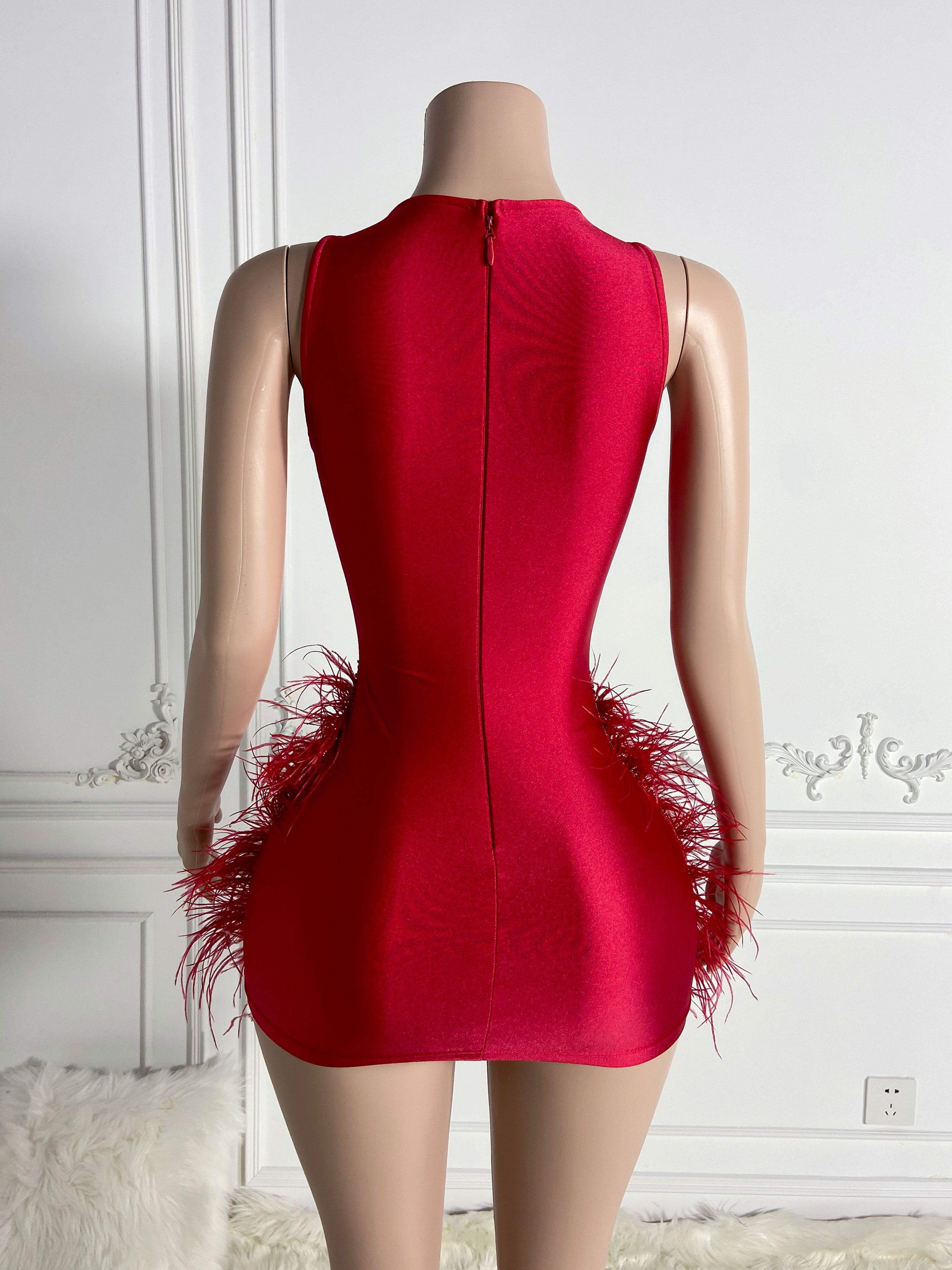 Vivid Red Stunner Feather Mini Dress