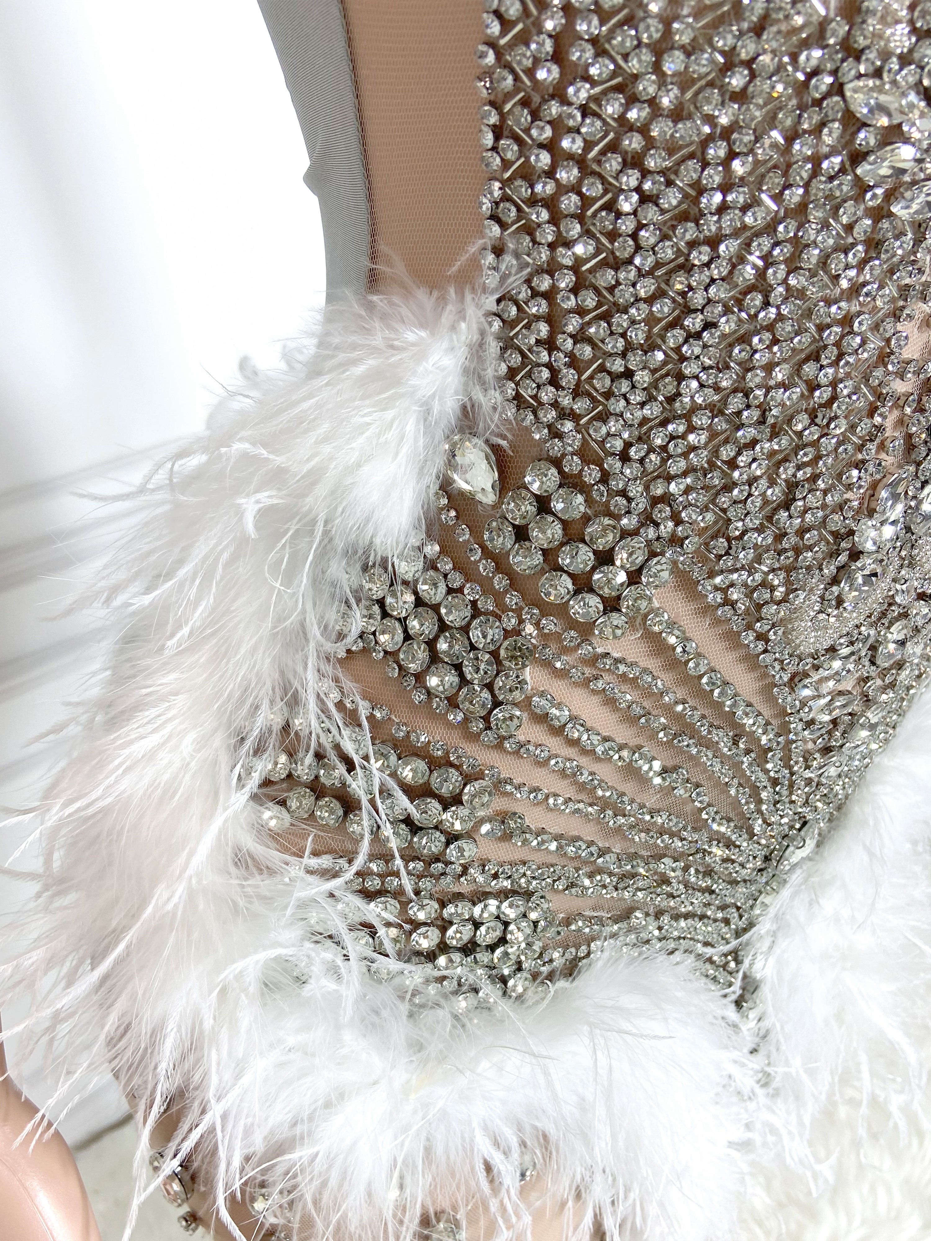 White Ostrich Fur and Rhinestone Sleeveless Mini Dress