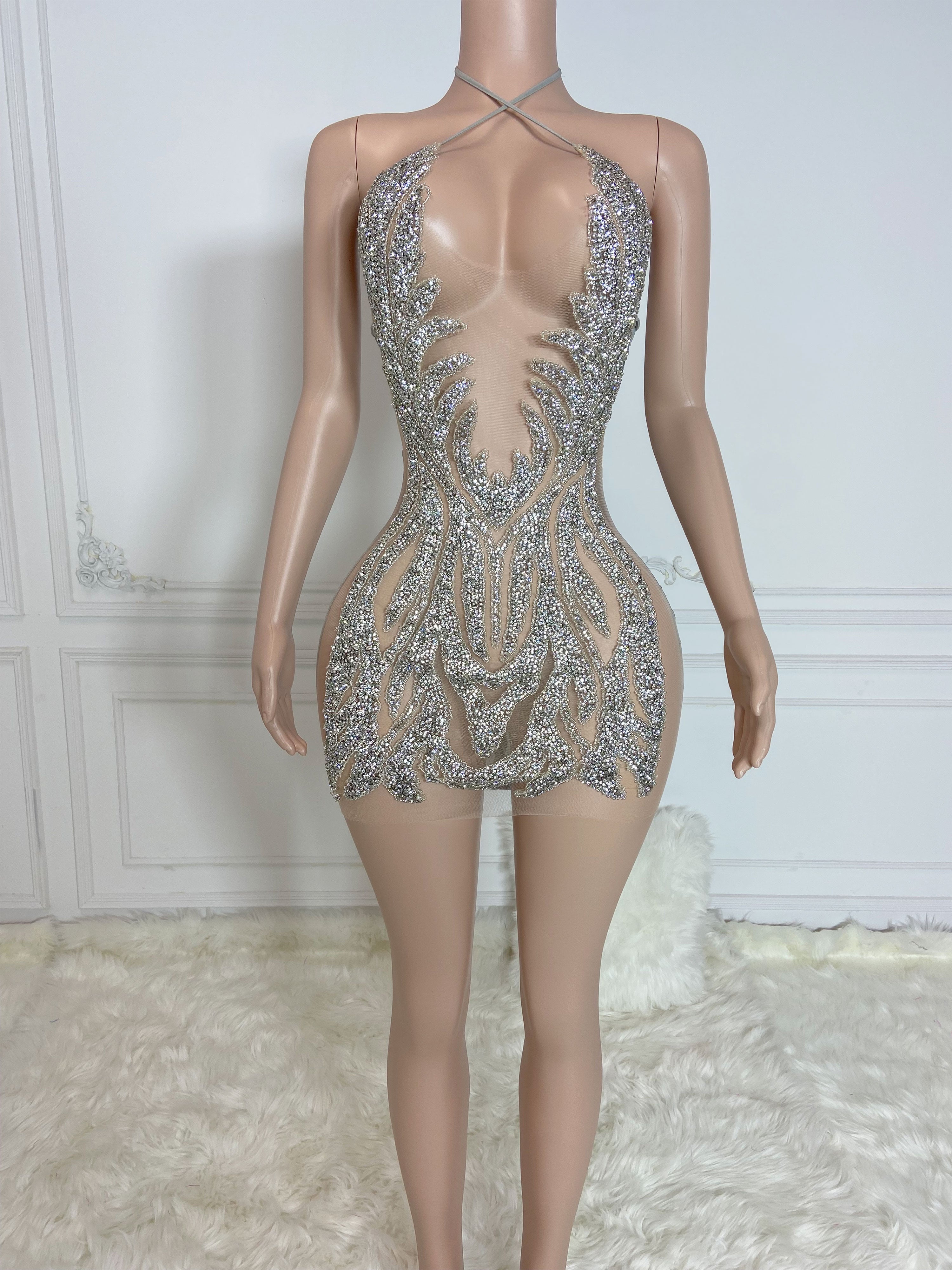 Silver Low cut Sleeveless with Flame Rhinestones Mini Dress