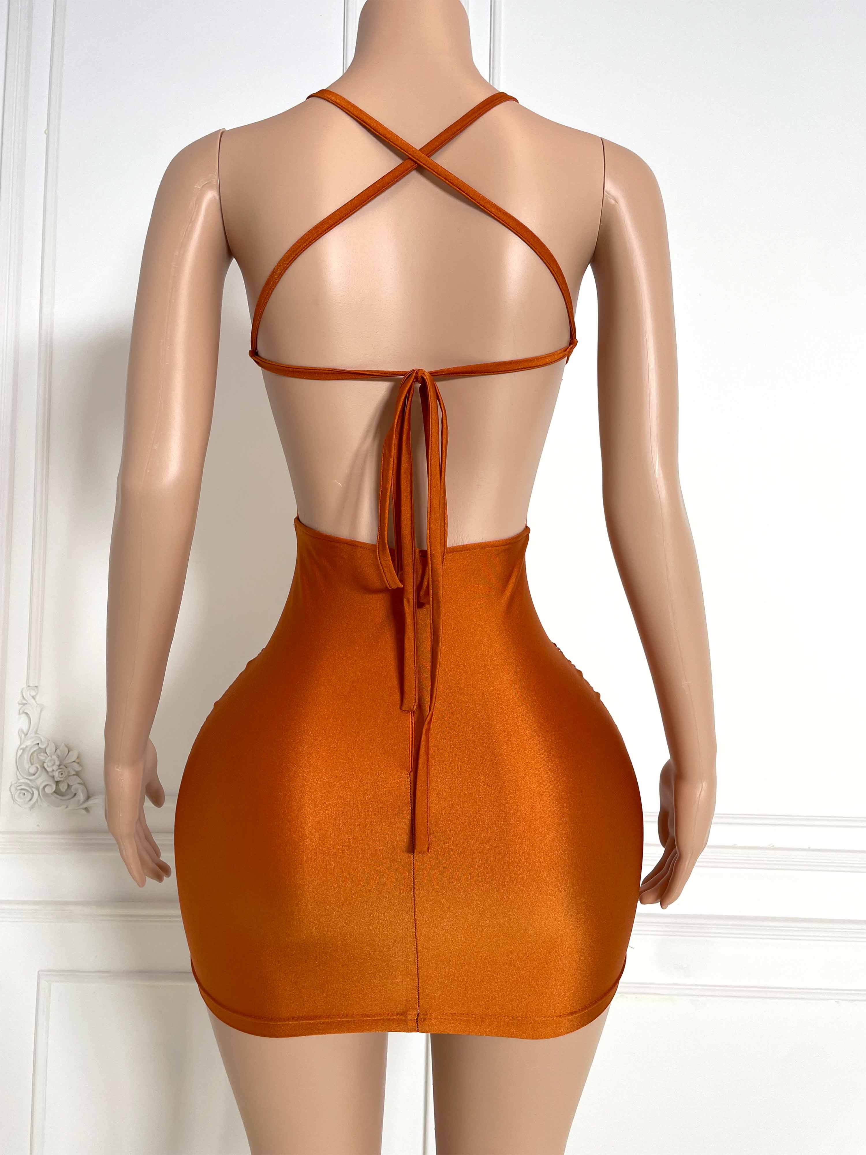 Brown Backless Crosscriss Strapy Sleeveless Mini Dress