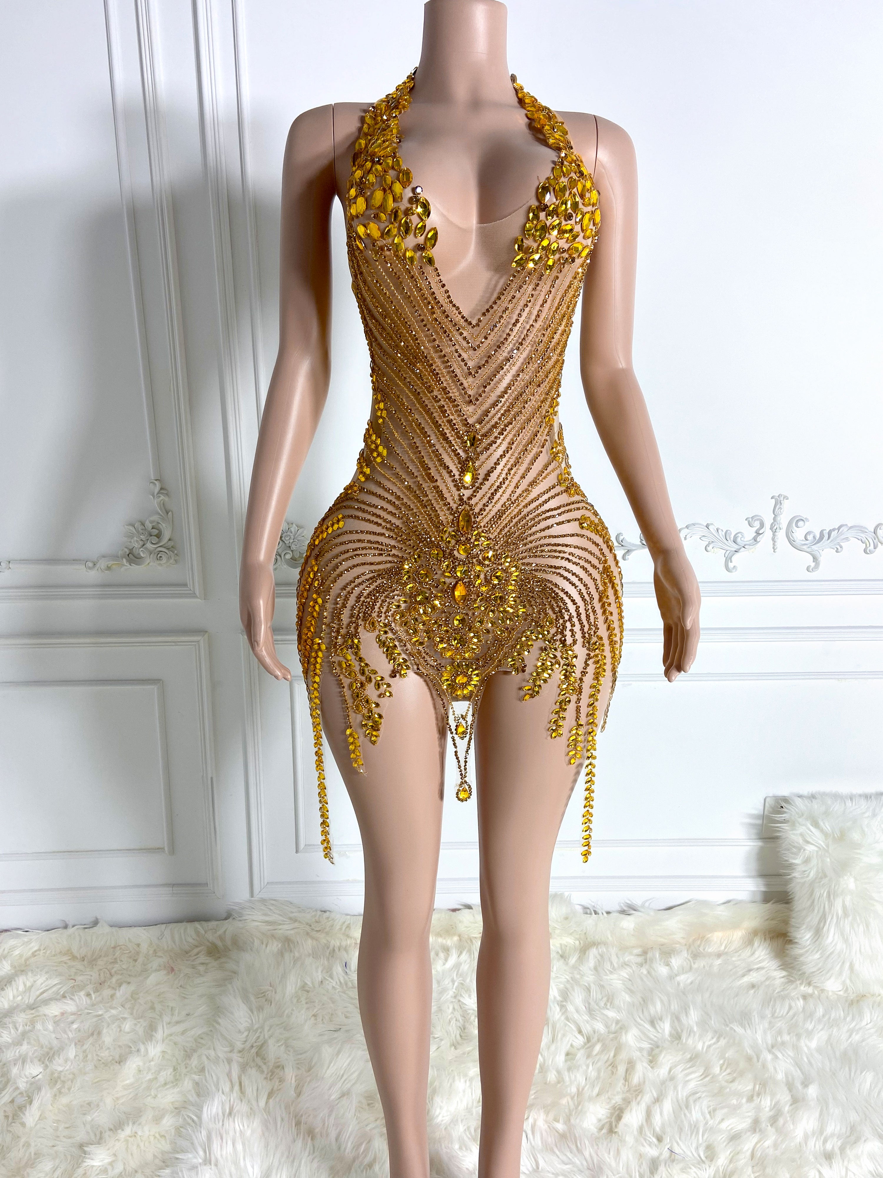Radiant Gold V-Neck Rhinestone Dress