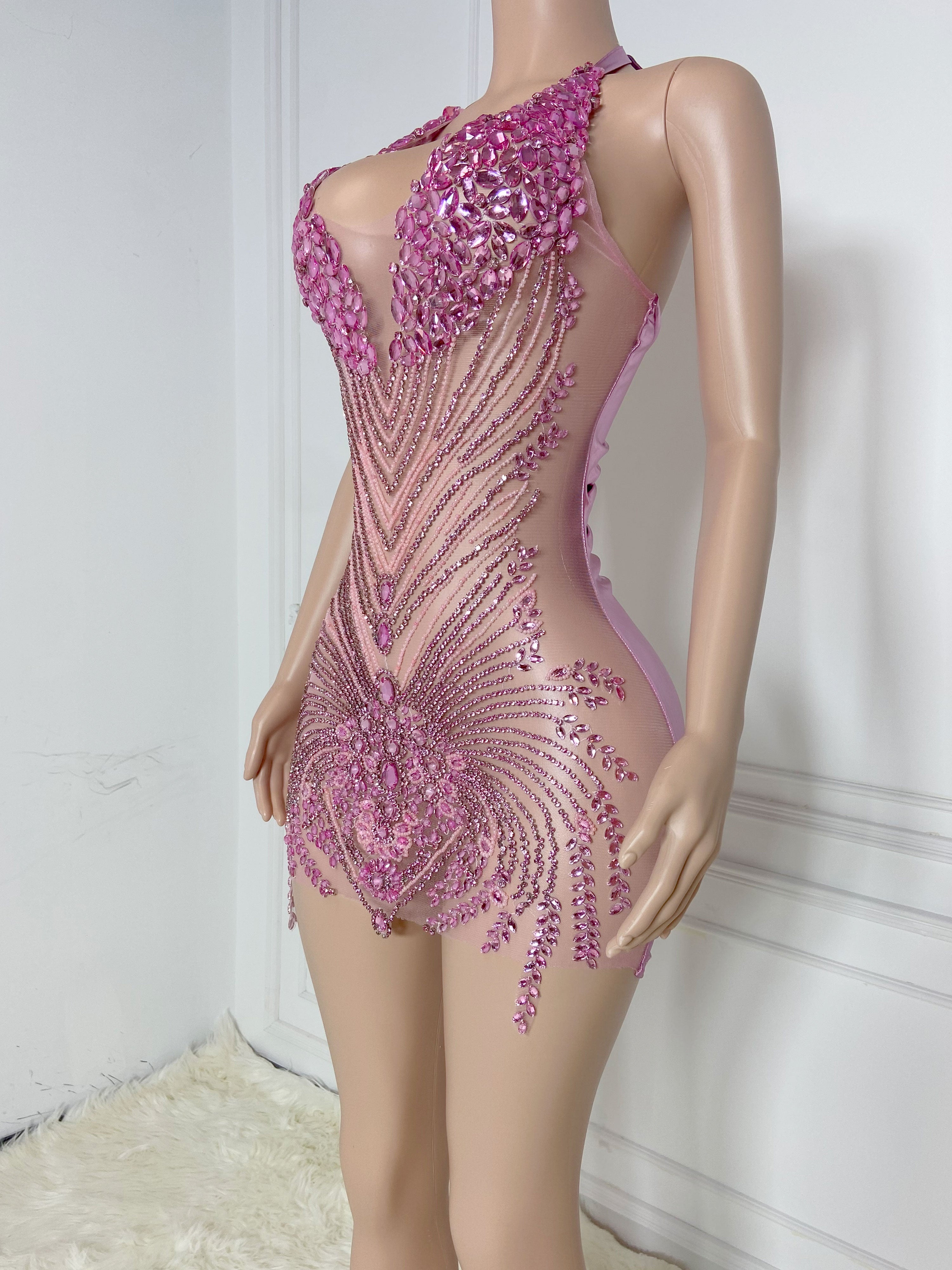 Rosy Glamour Rhinestone Dress