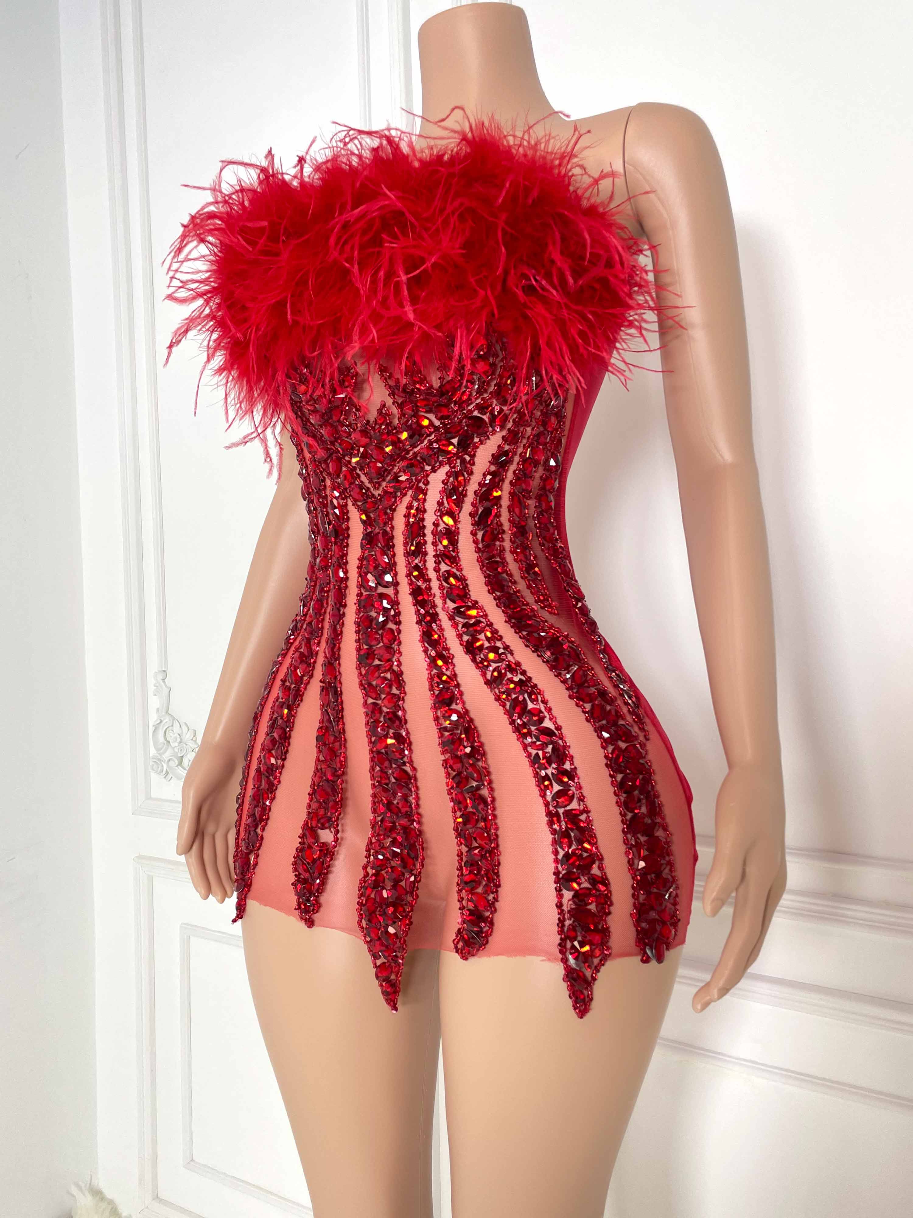 Red Fur and Rhinestone Strapless Sleeveless Mini Dress