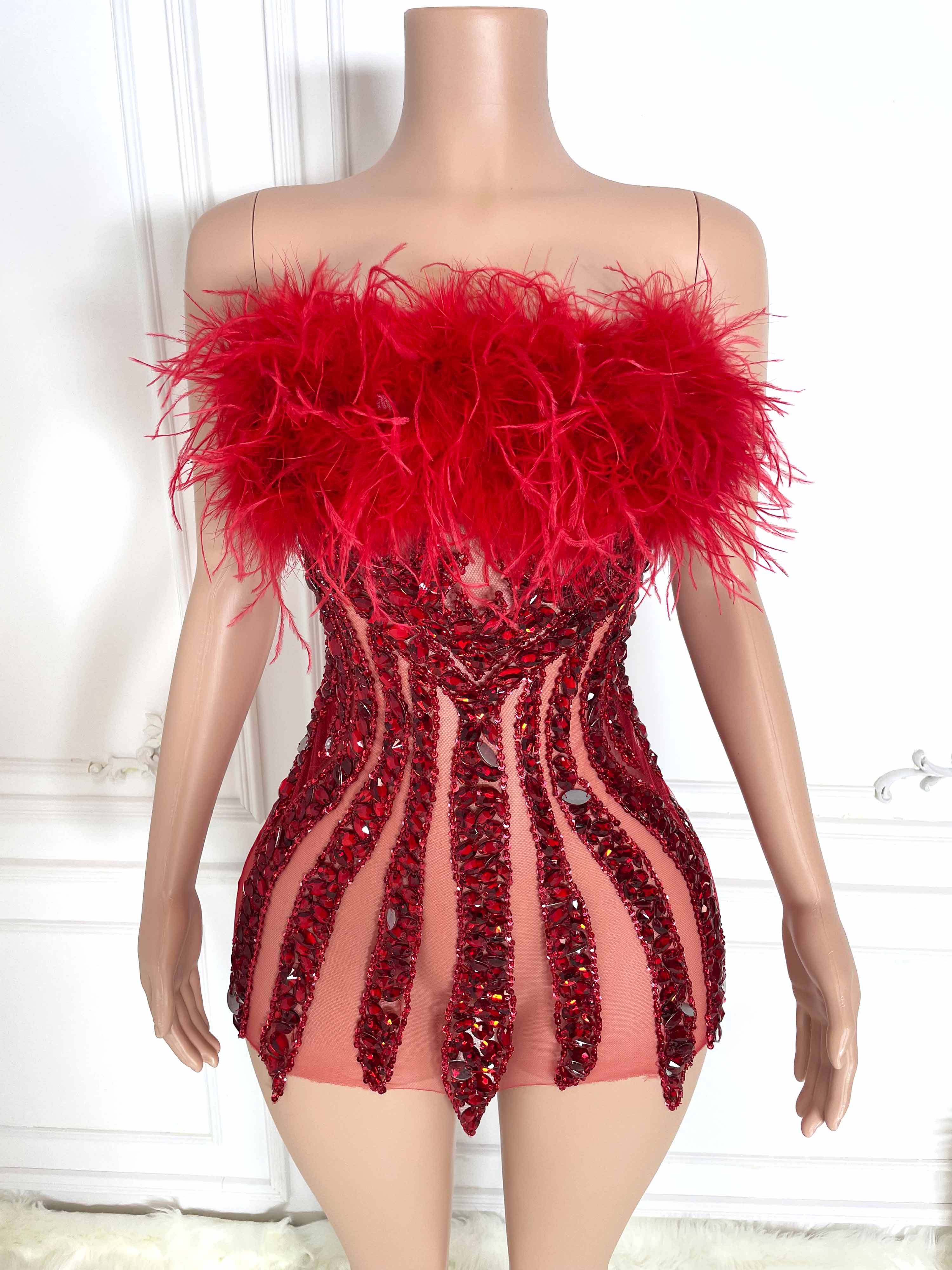 Red Fur and Rhinestone Strapless Mini Dress