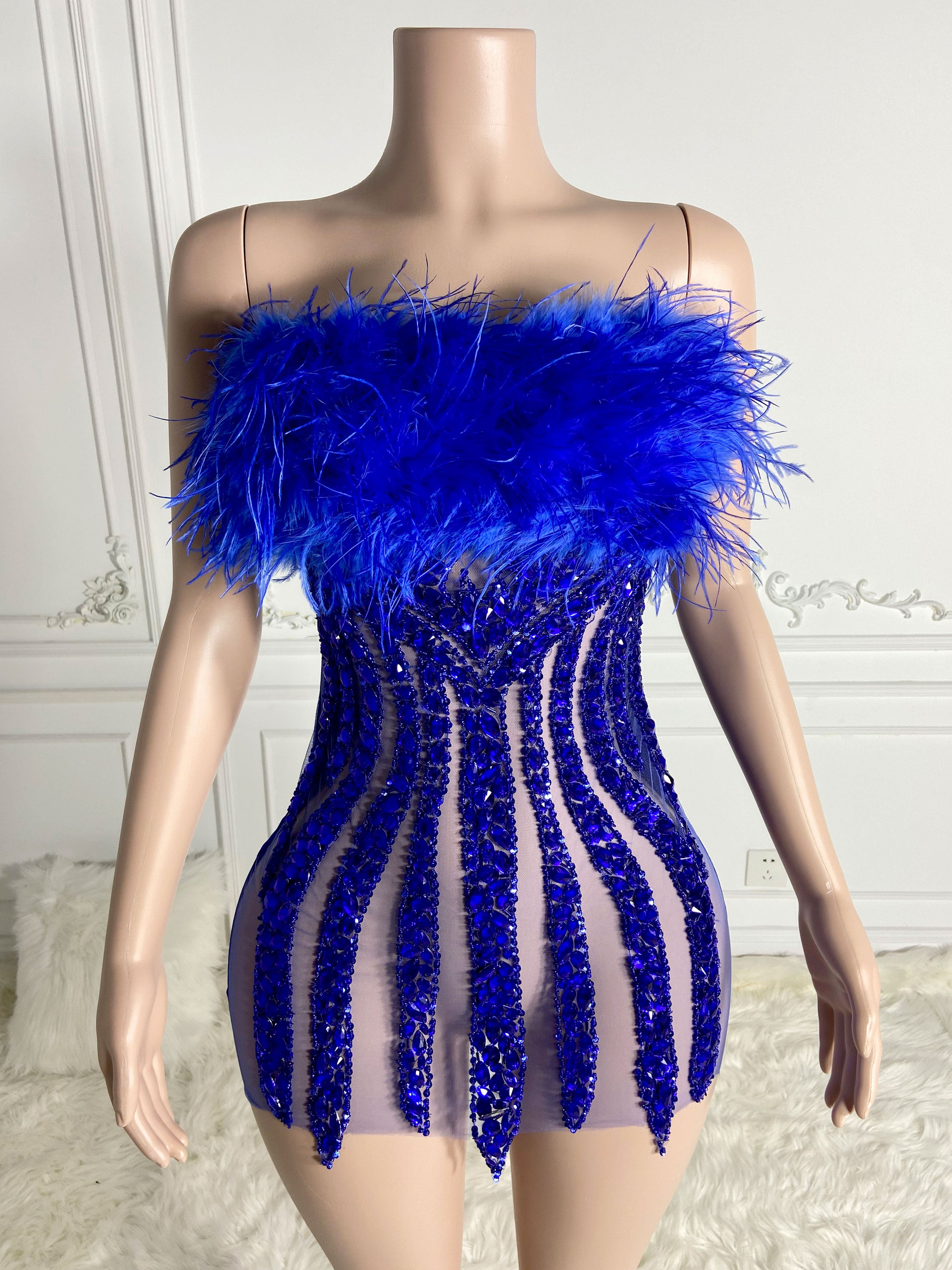 Blue Alluring Feather Mini Dress