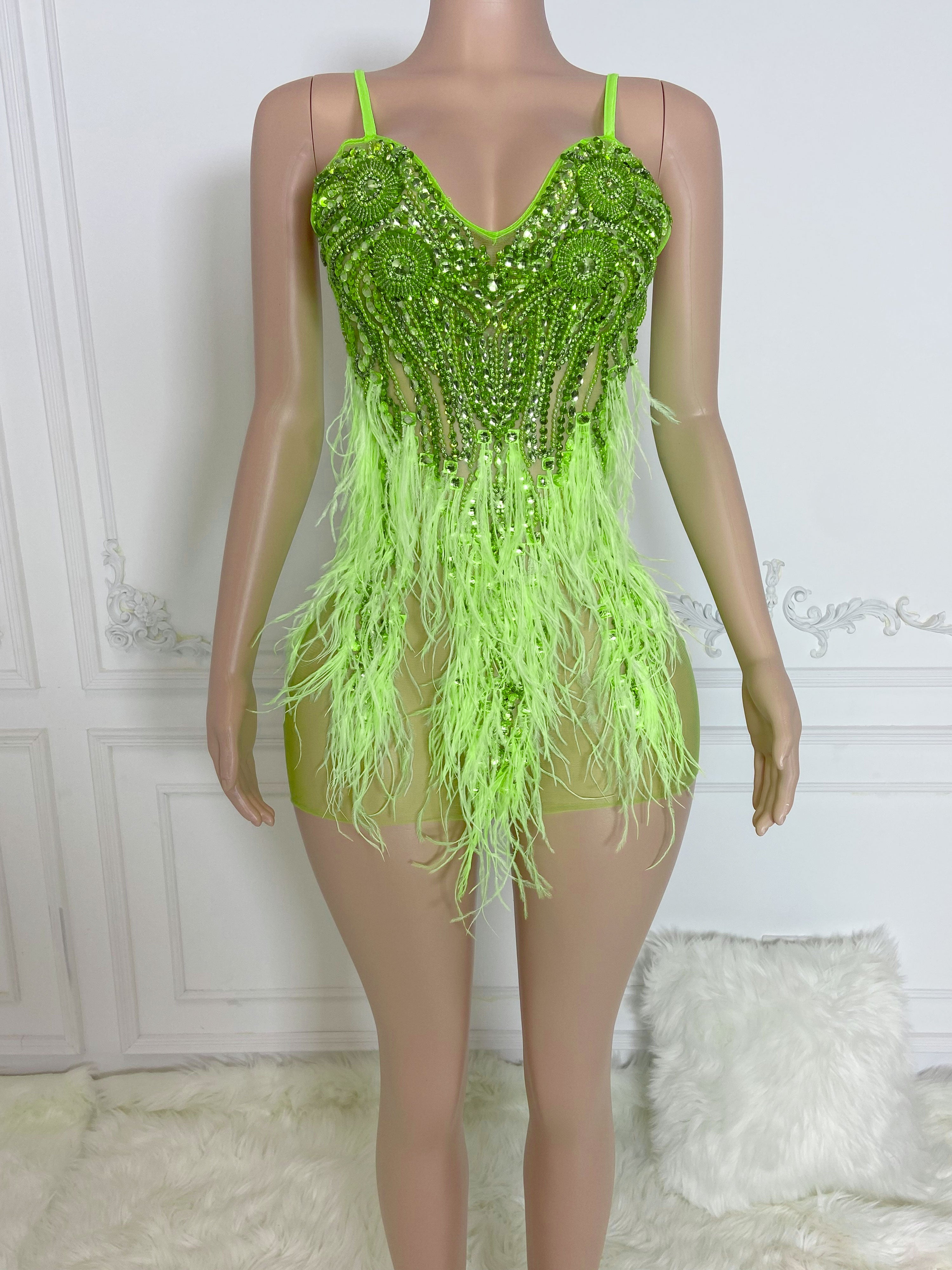 Neo Green Sleeveless Ostrich Feather Backless Mini Dress
