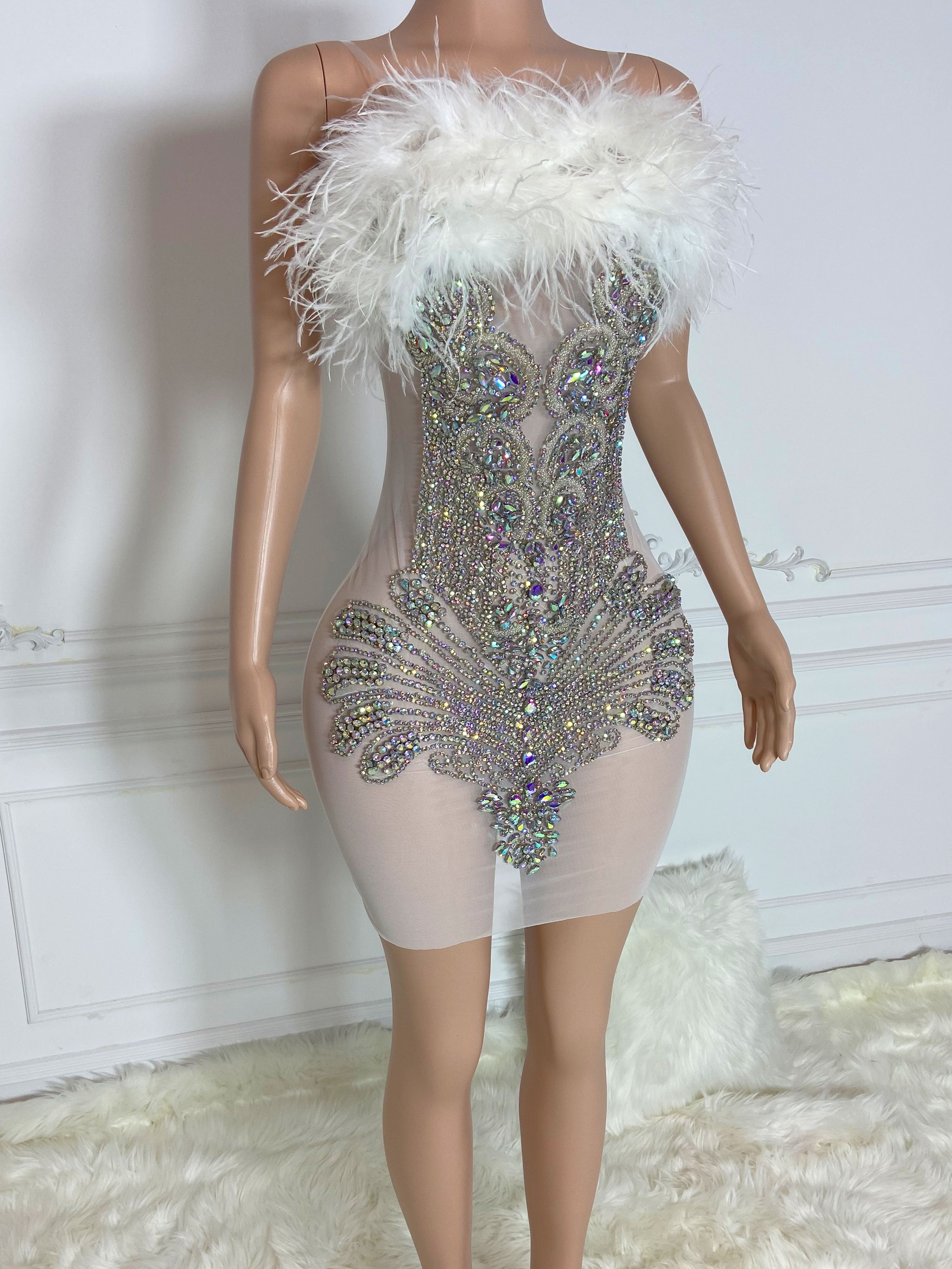 White Sleeveless Ostrich Feather Colorful Stones Mini Dress