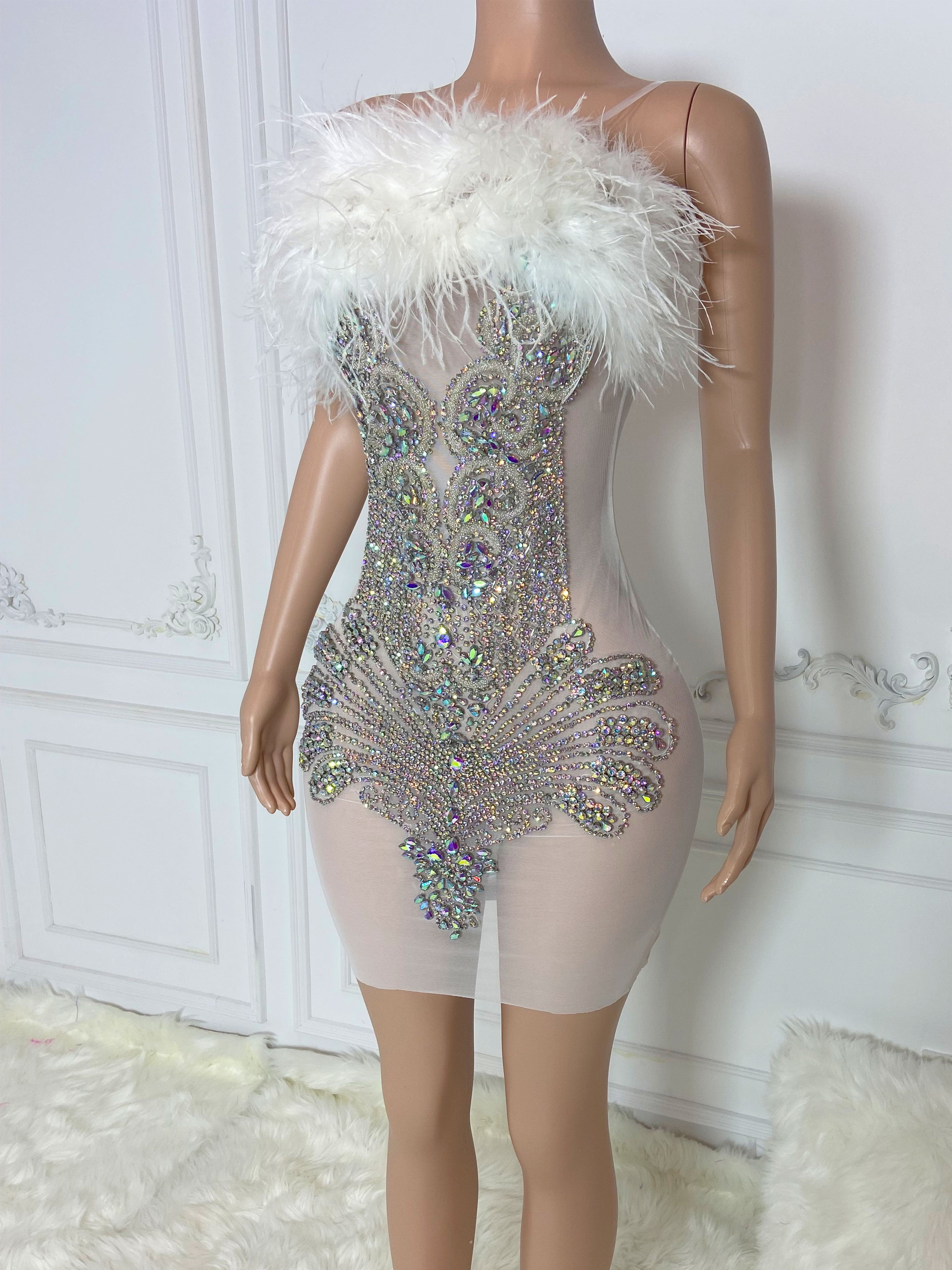 White Sleeveless Ostrich Feather Colorful Stones Mini Dress