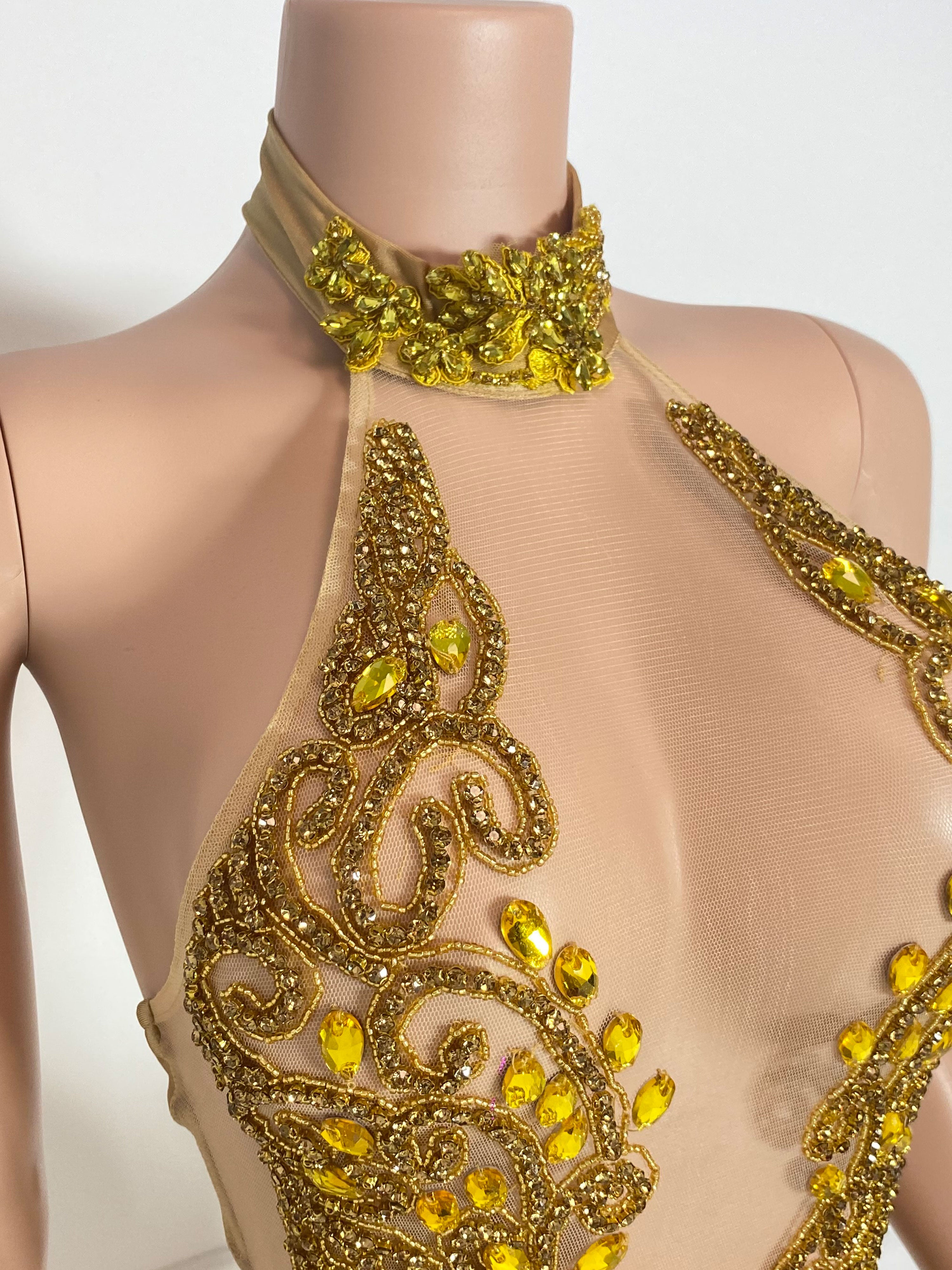Gold Rhinestone Collar and Backless Halter Mini Dress
