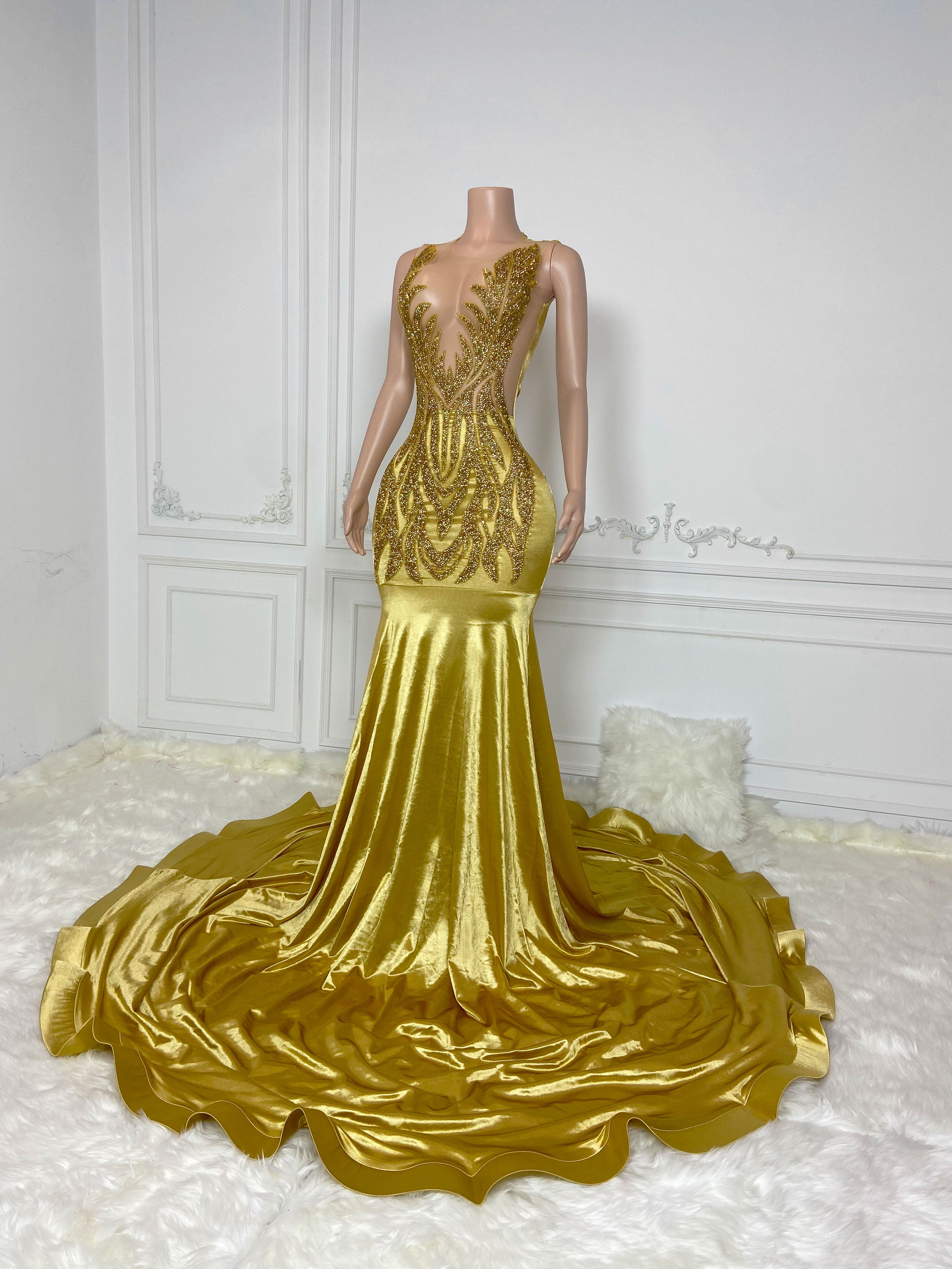 Gold Round Neck Sleeveless with Flame Rhinestones Gowns