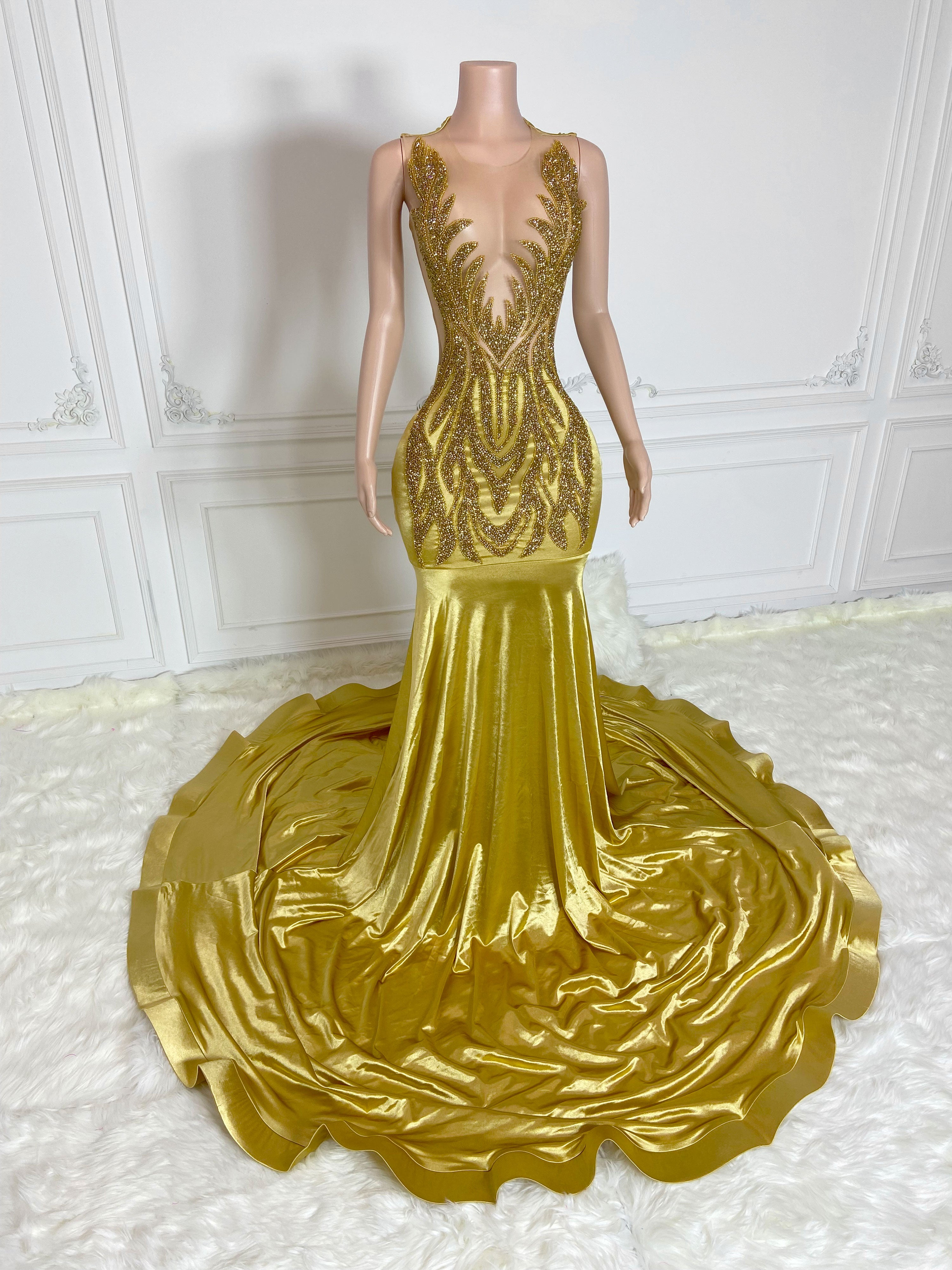 Gold Round Neck Sleeveless with Flame Rhinestones Gowns