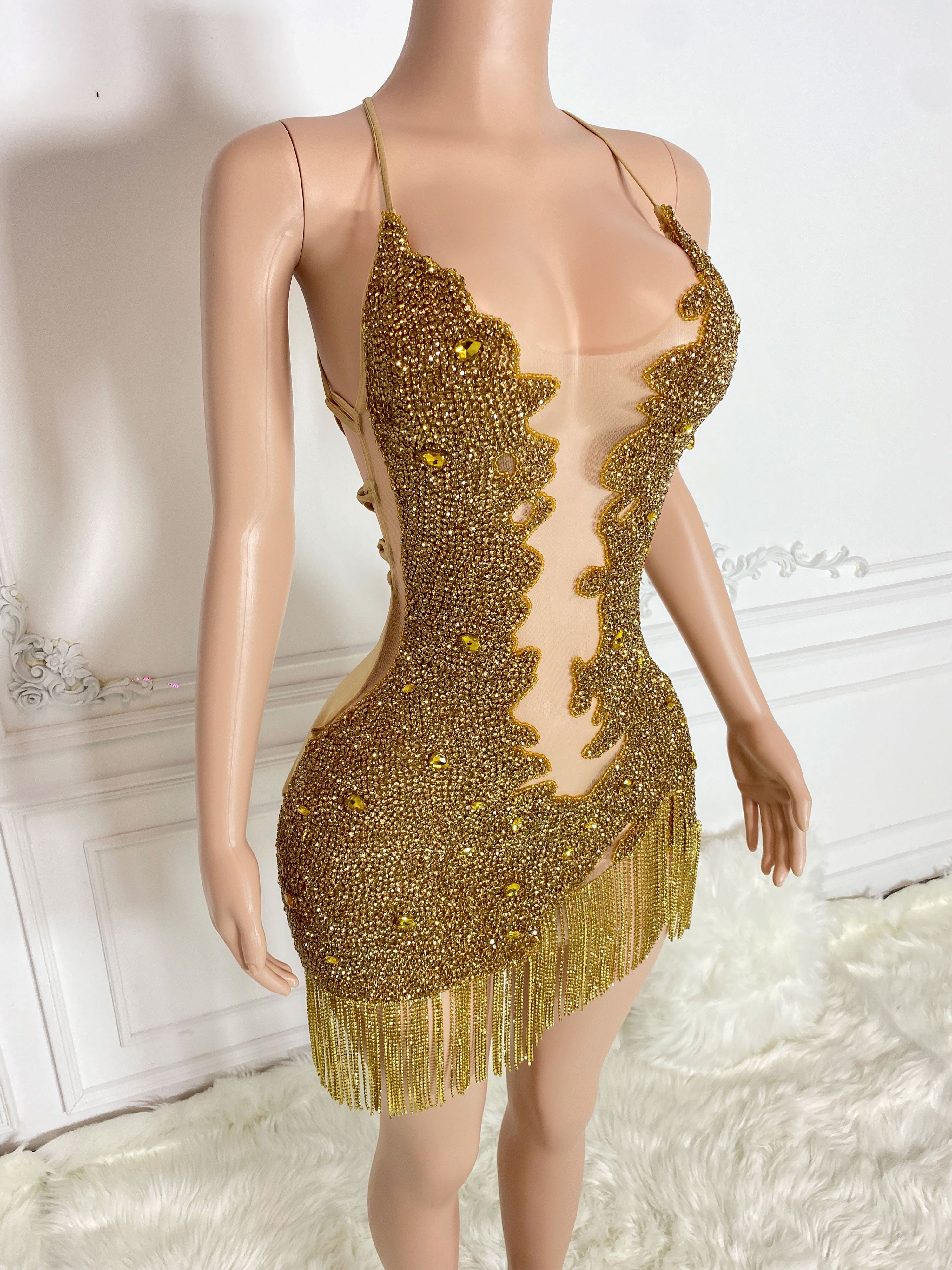 Gold Crosscriss Strapy and Fringe Sleeveless Mini Dress