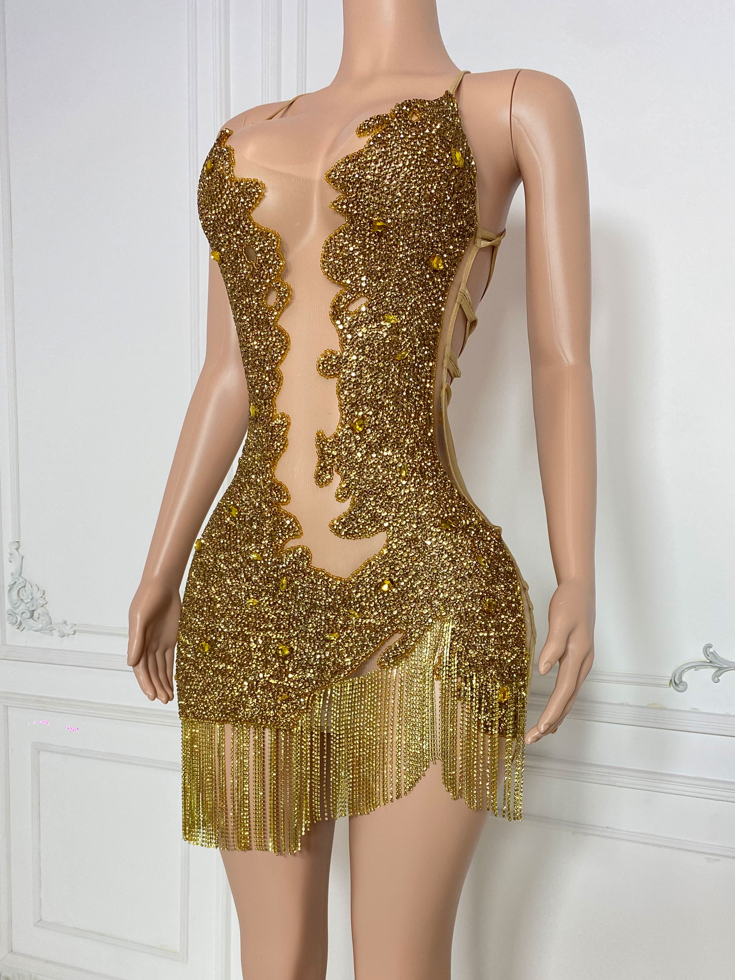 Gold Crosscriss Strapy and Fringe Sleeveless Mini Dress