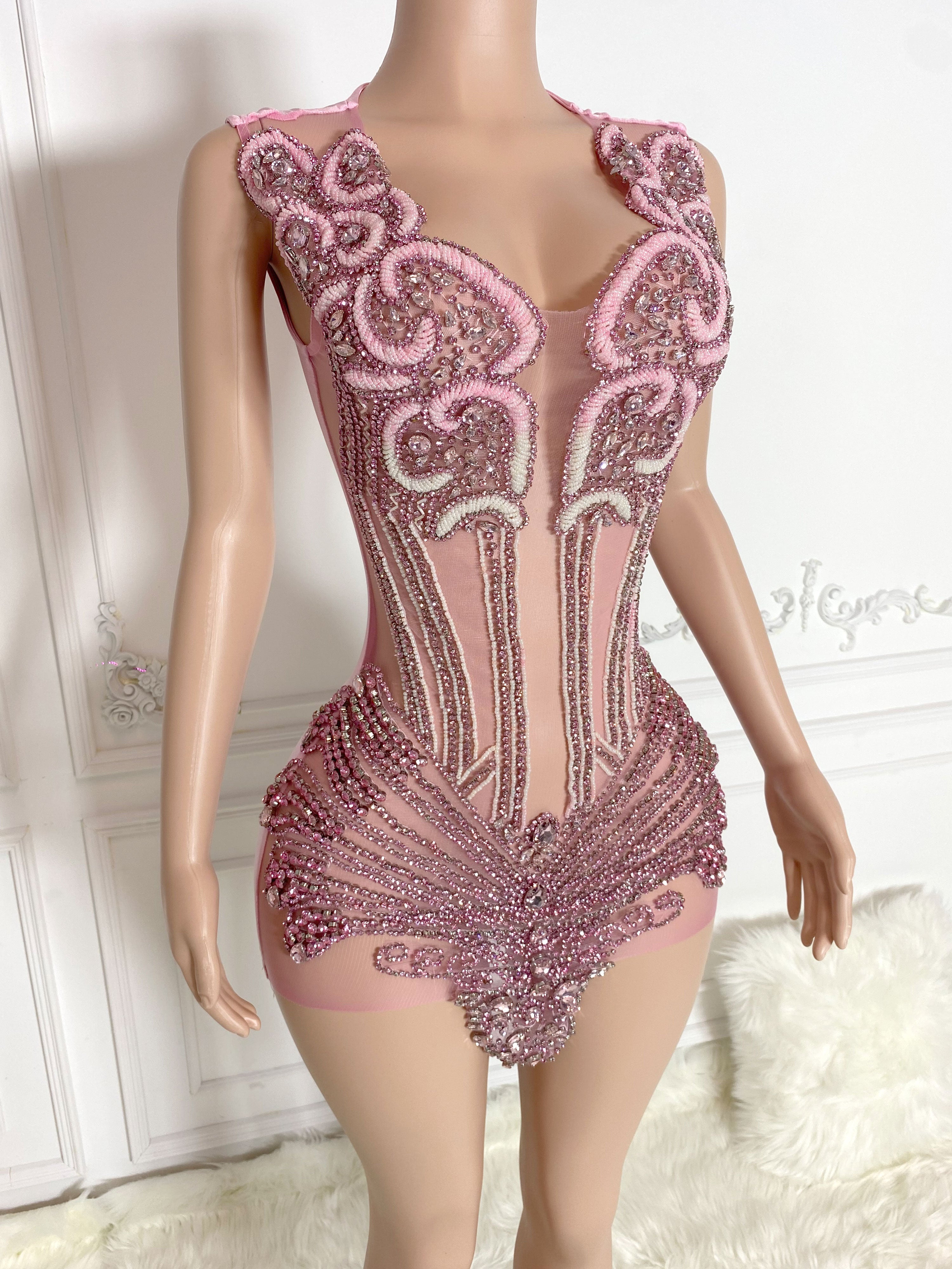 Pink Corset Stones and Rhinestones Sleeveless Mini Dress