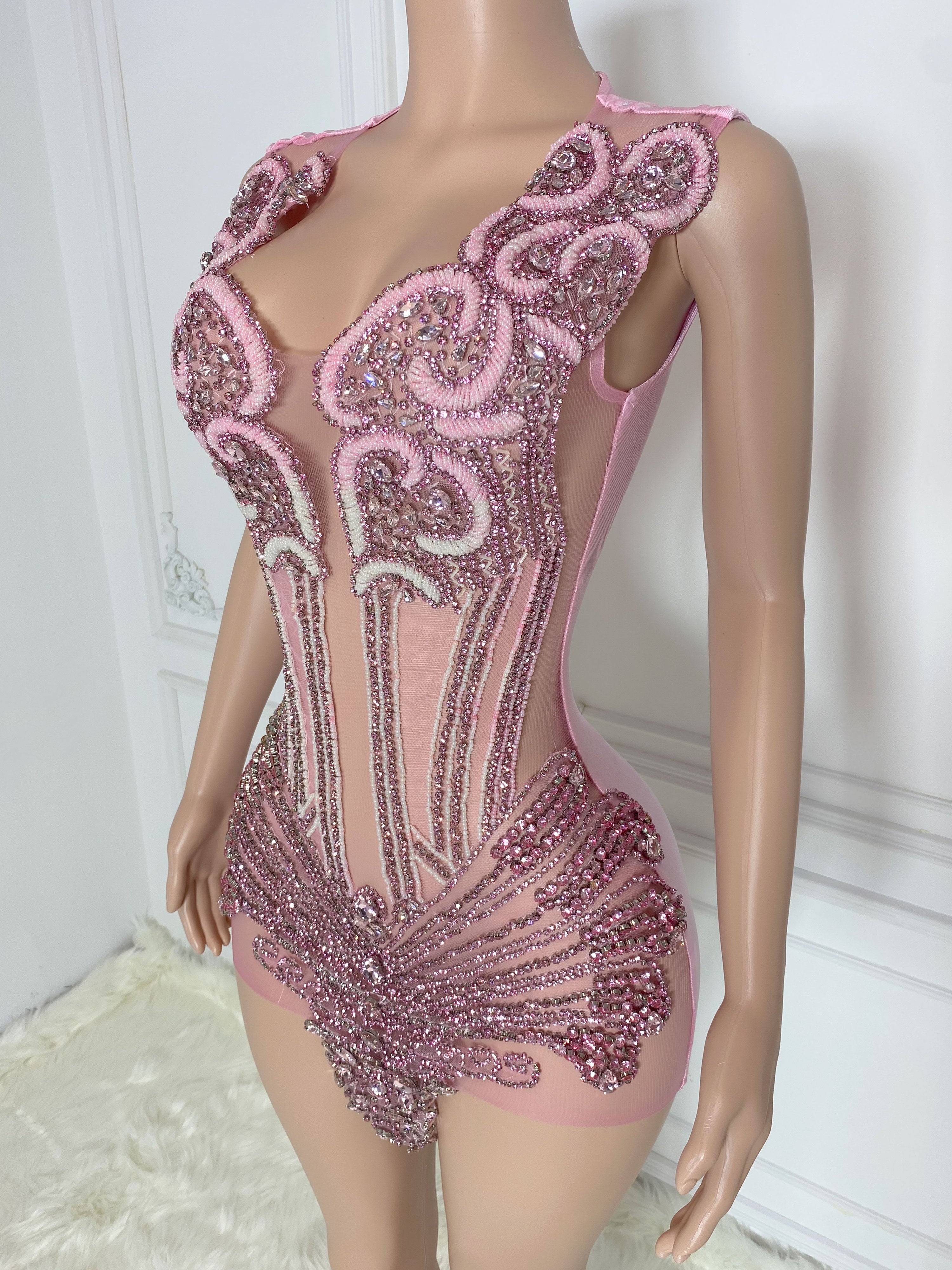 Pink Corset Stones and Rhinestones Sleeveless Mini Dress