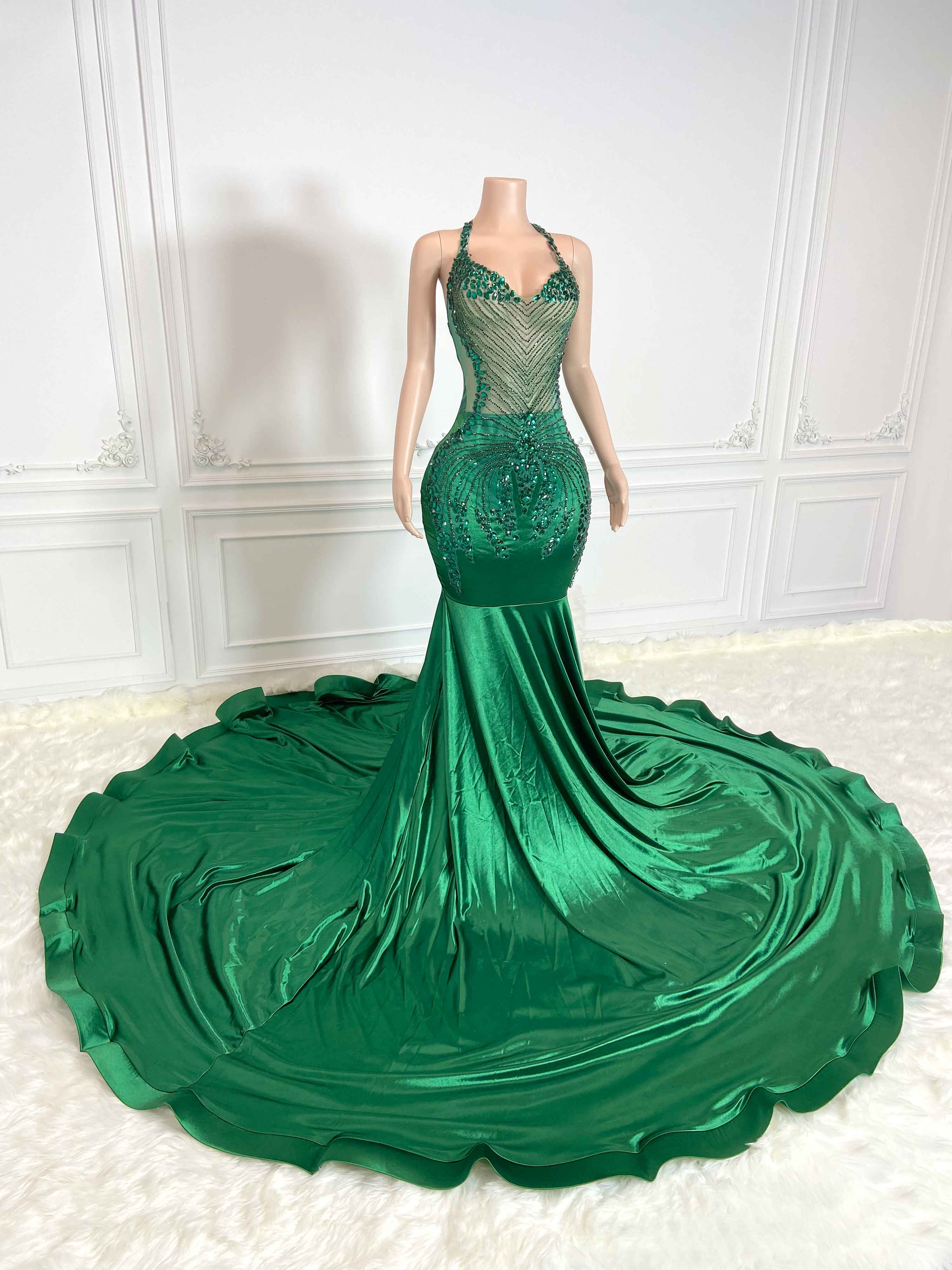 Green Low Cut and Rhinestone Sleeveless Maxi Gown