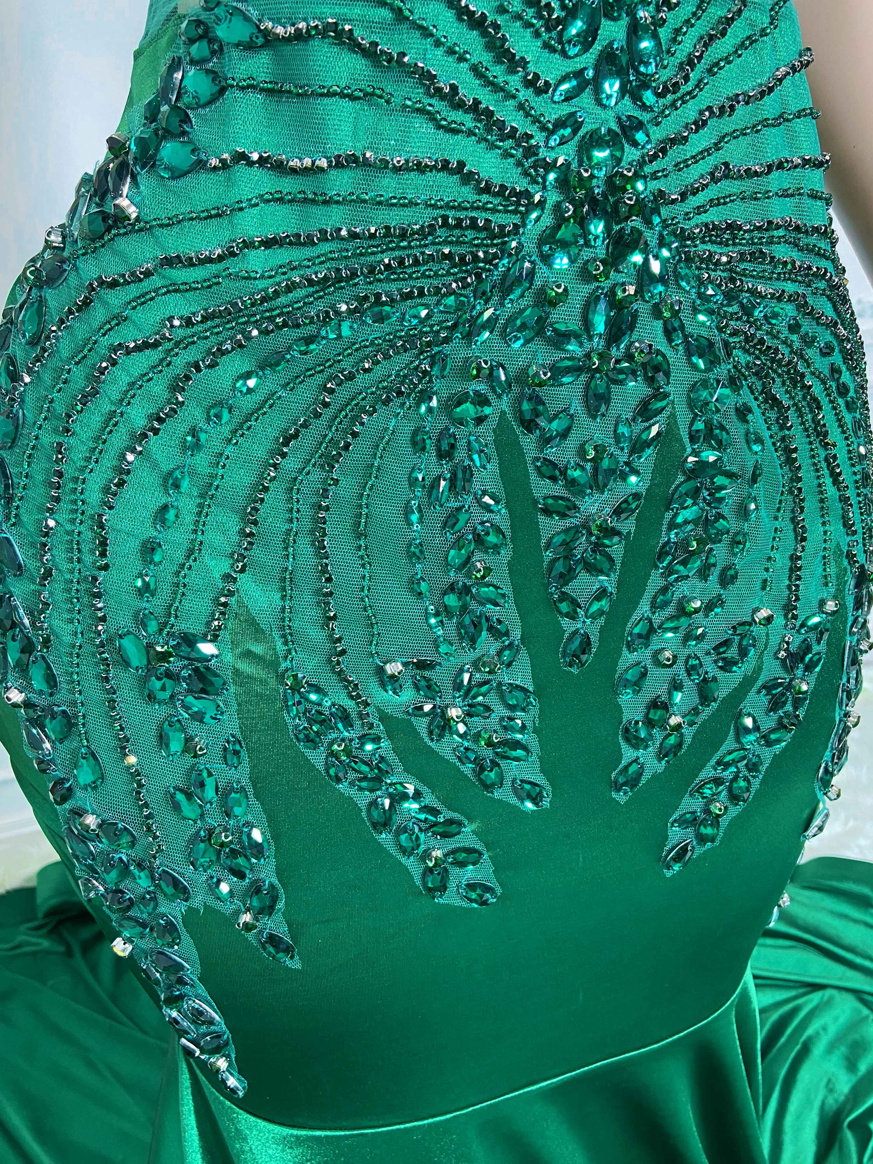 Green Low Cut and Rhinestone Sleeveless Maxi Gown