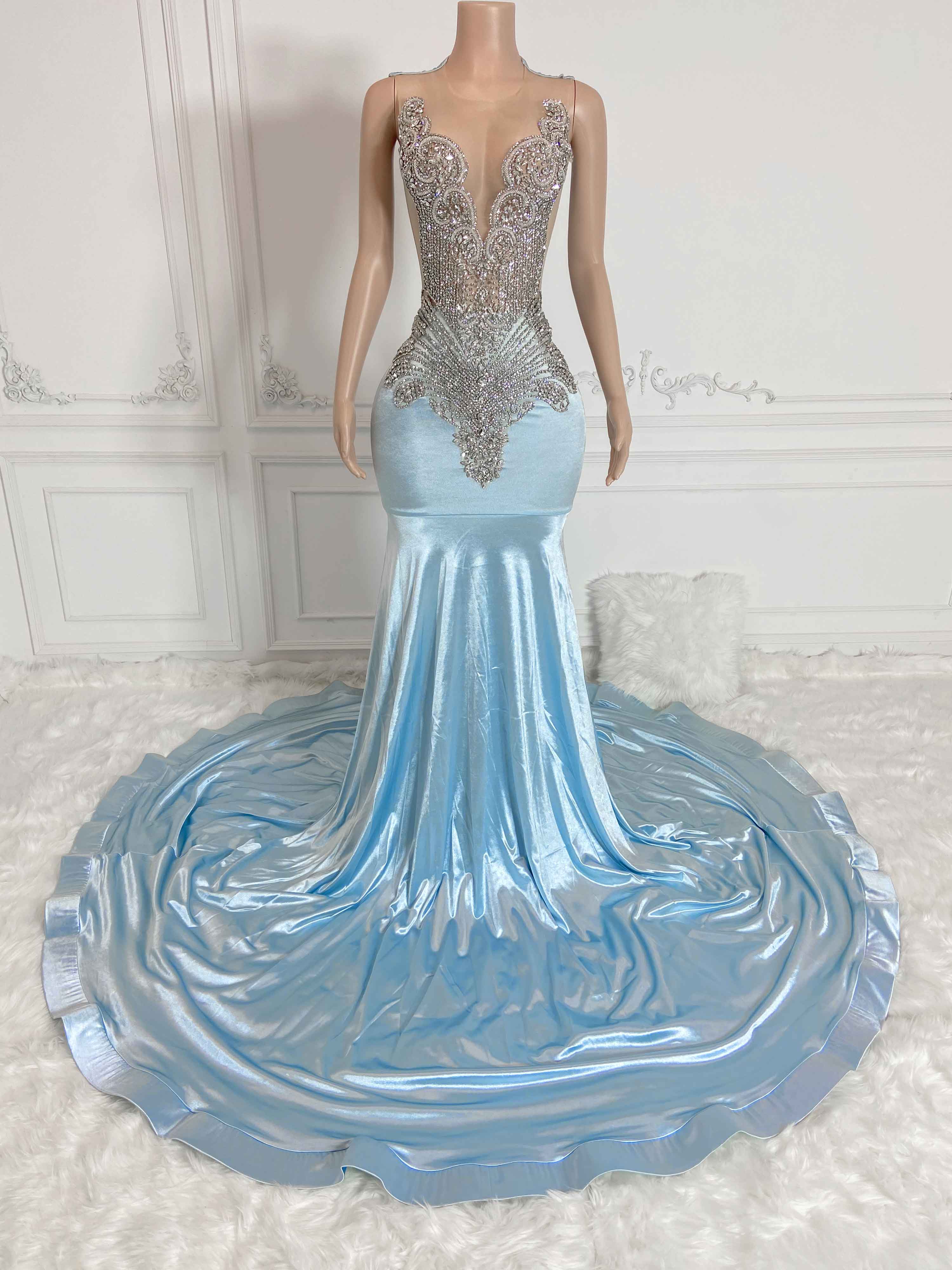 Sky Blue Hollow Out and Rhinestone Sleeveless Maxi Gown