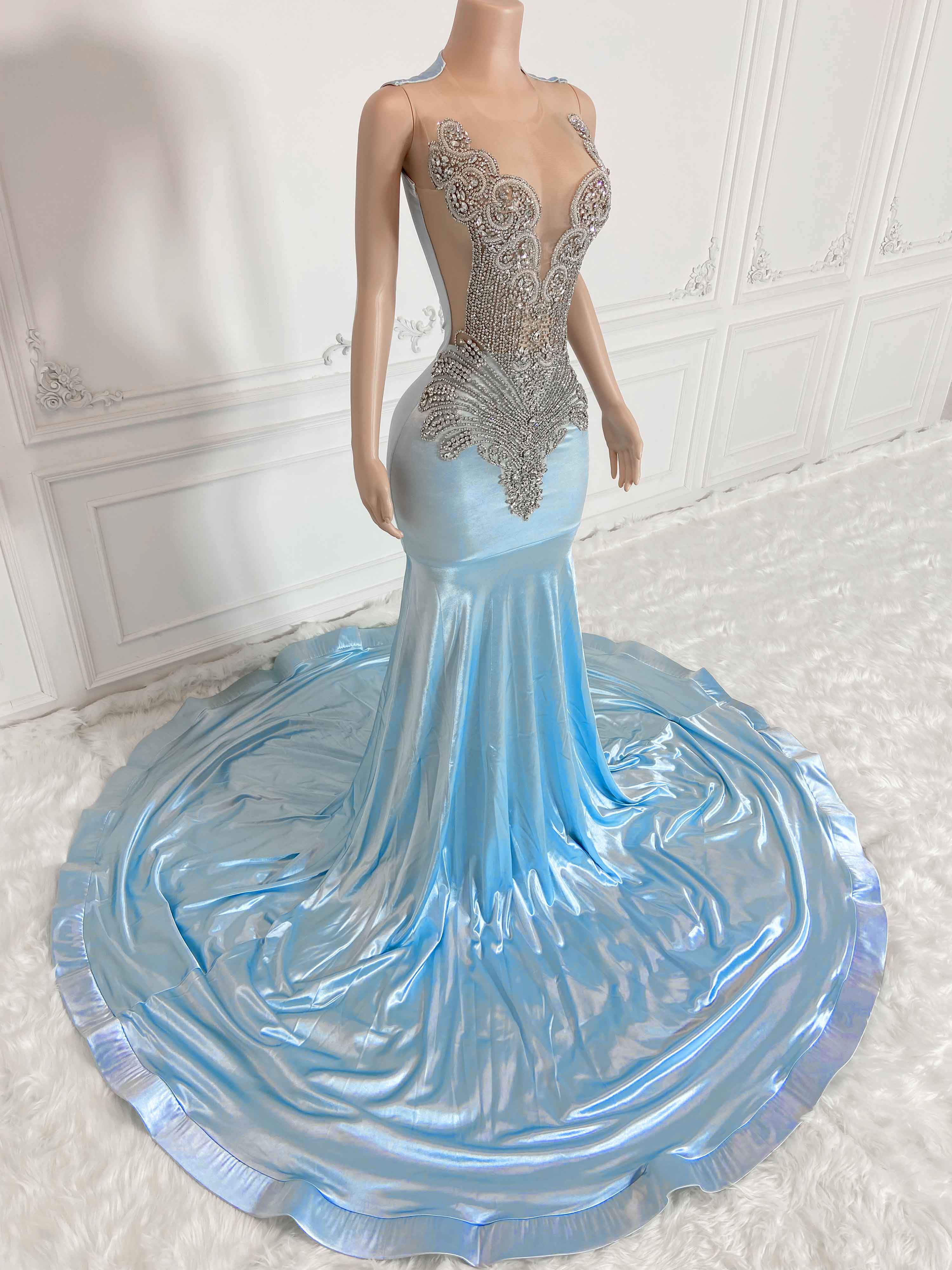 Sky Blue Hollow Out and Rhinestone Sleeveless Maxi Gown