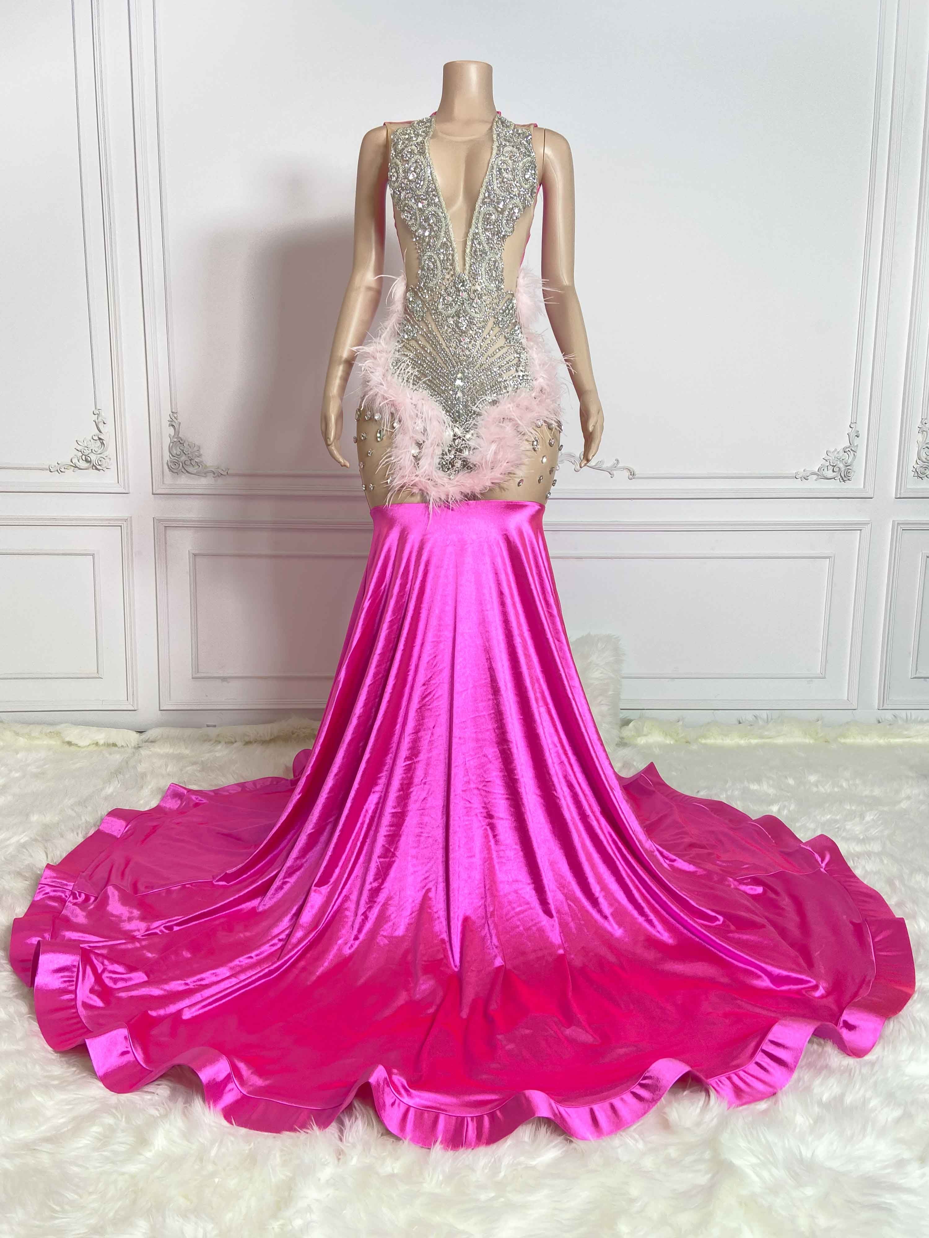 Rosy Satin Feathered Glamour Gowns