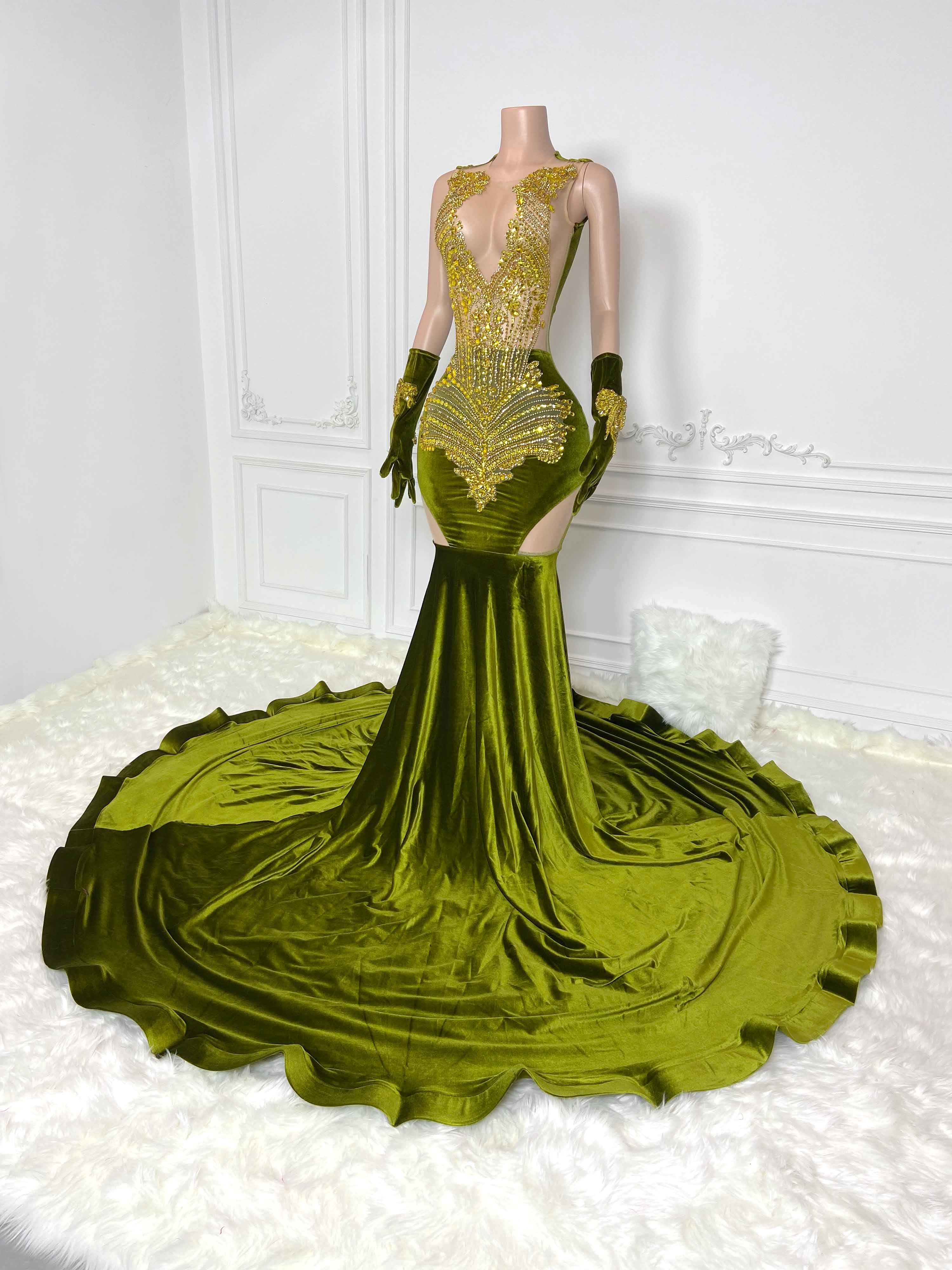 Green Velvet Maxi Gown with Gloves and Cutout