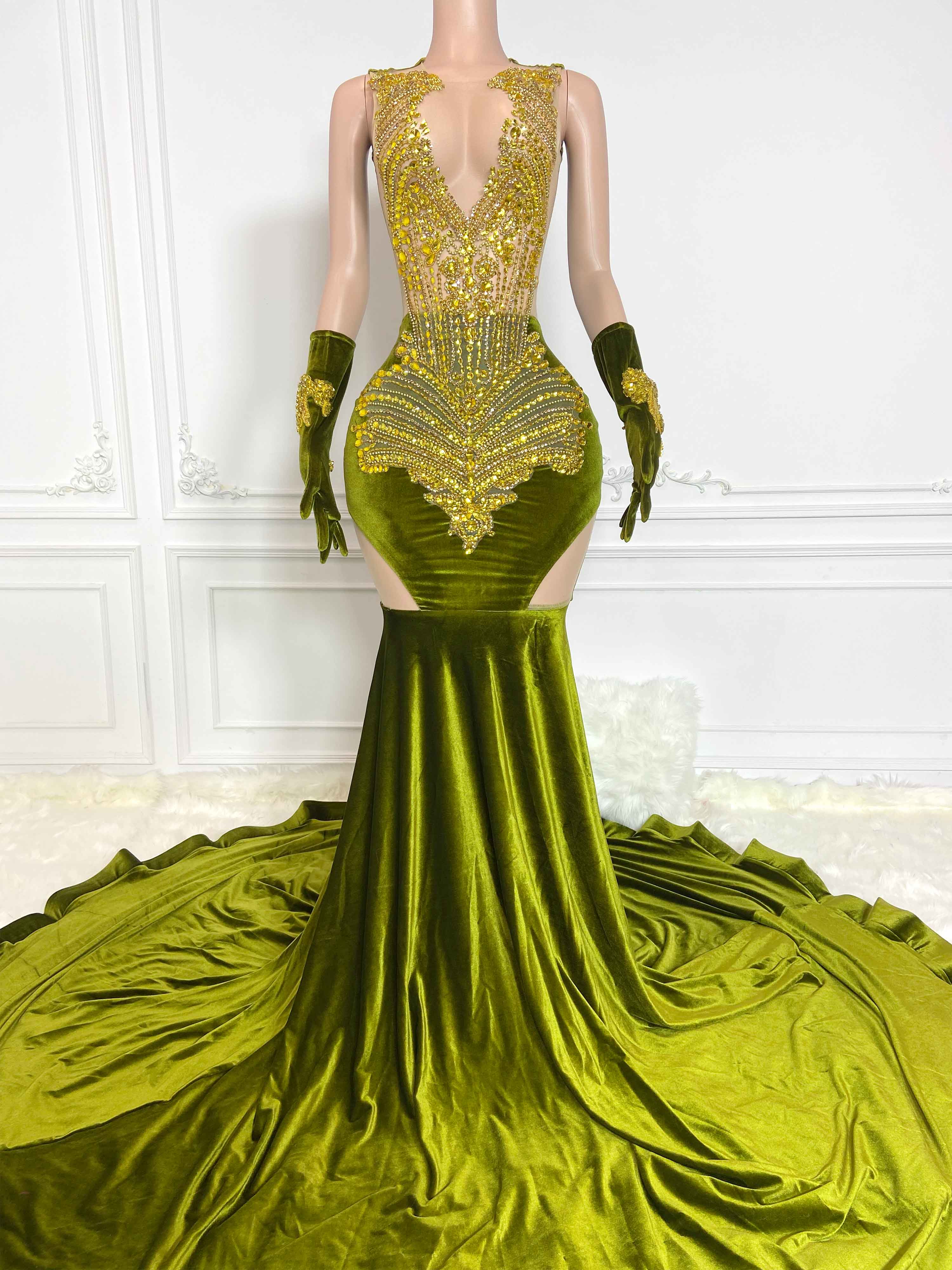 Green Velvet Maxi Gown with Gloves and Cutout