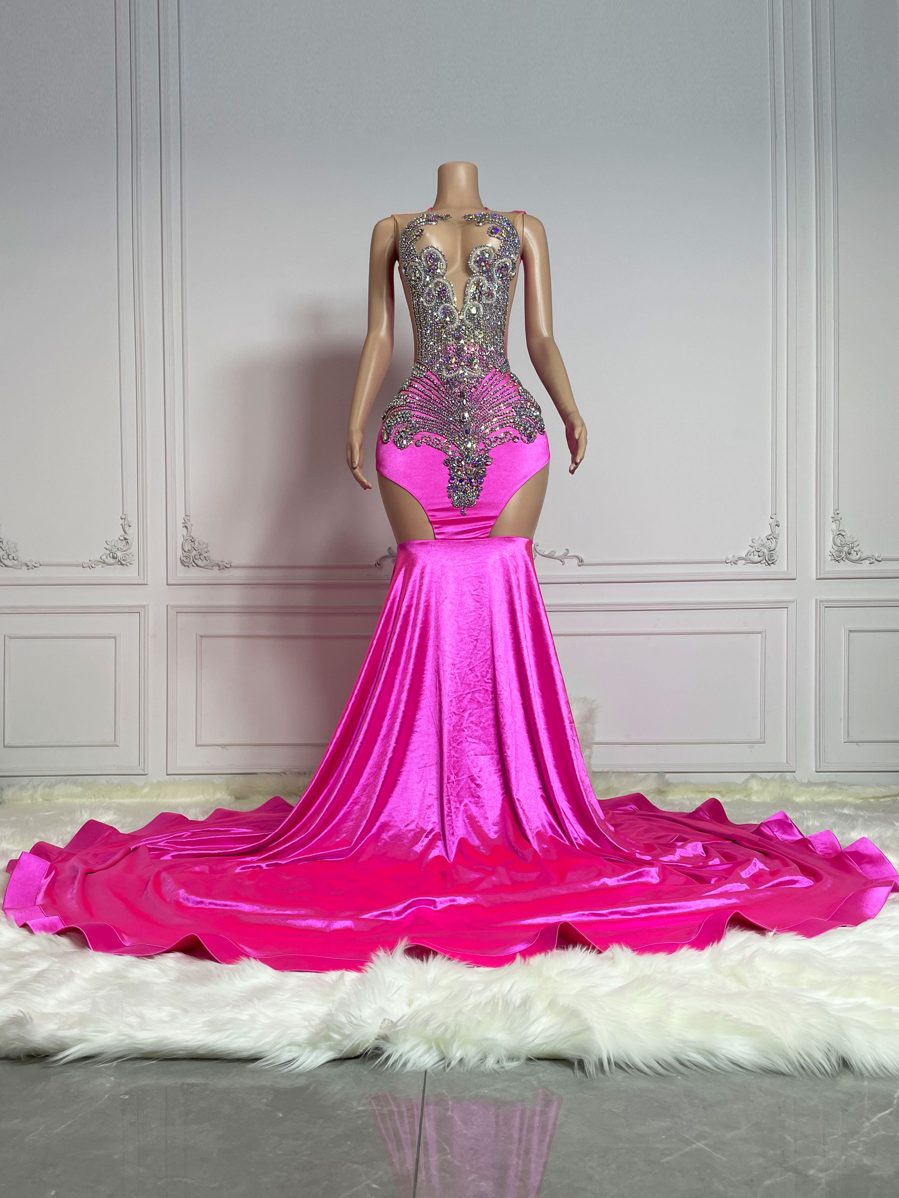 Rosy Cut Out and Rhinestone Sleeveless Maxi Gown