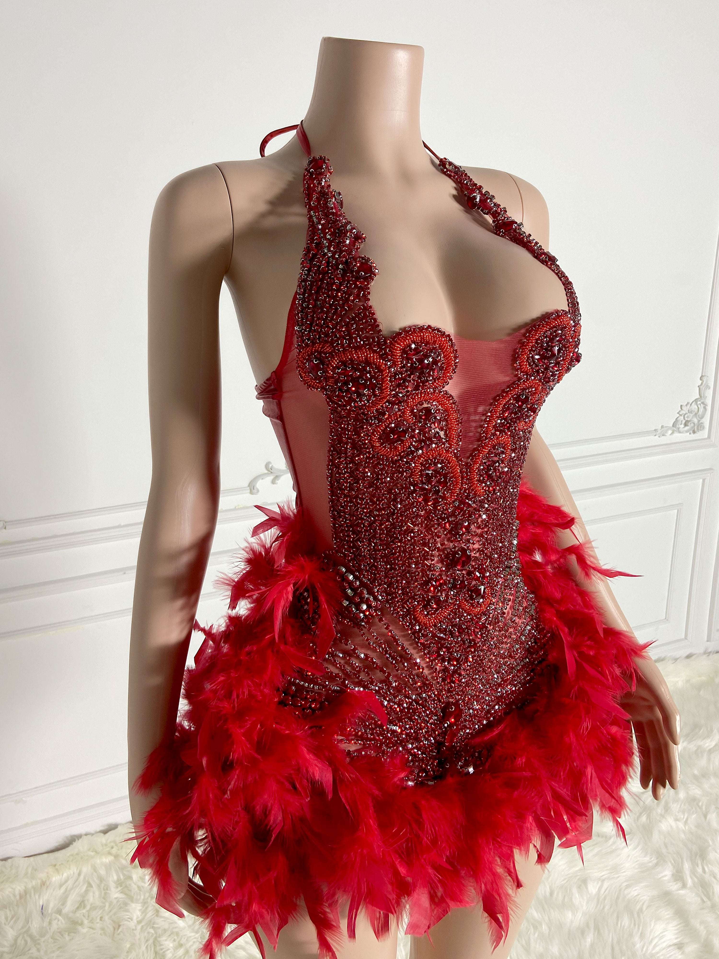 Red Alluring Feathered Charm Dress