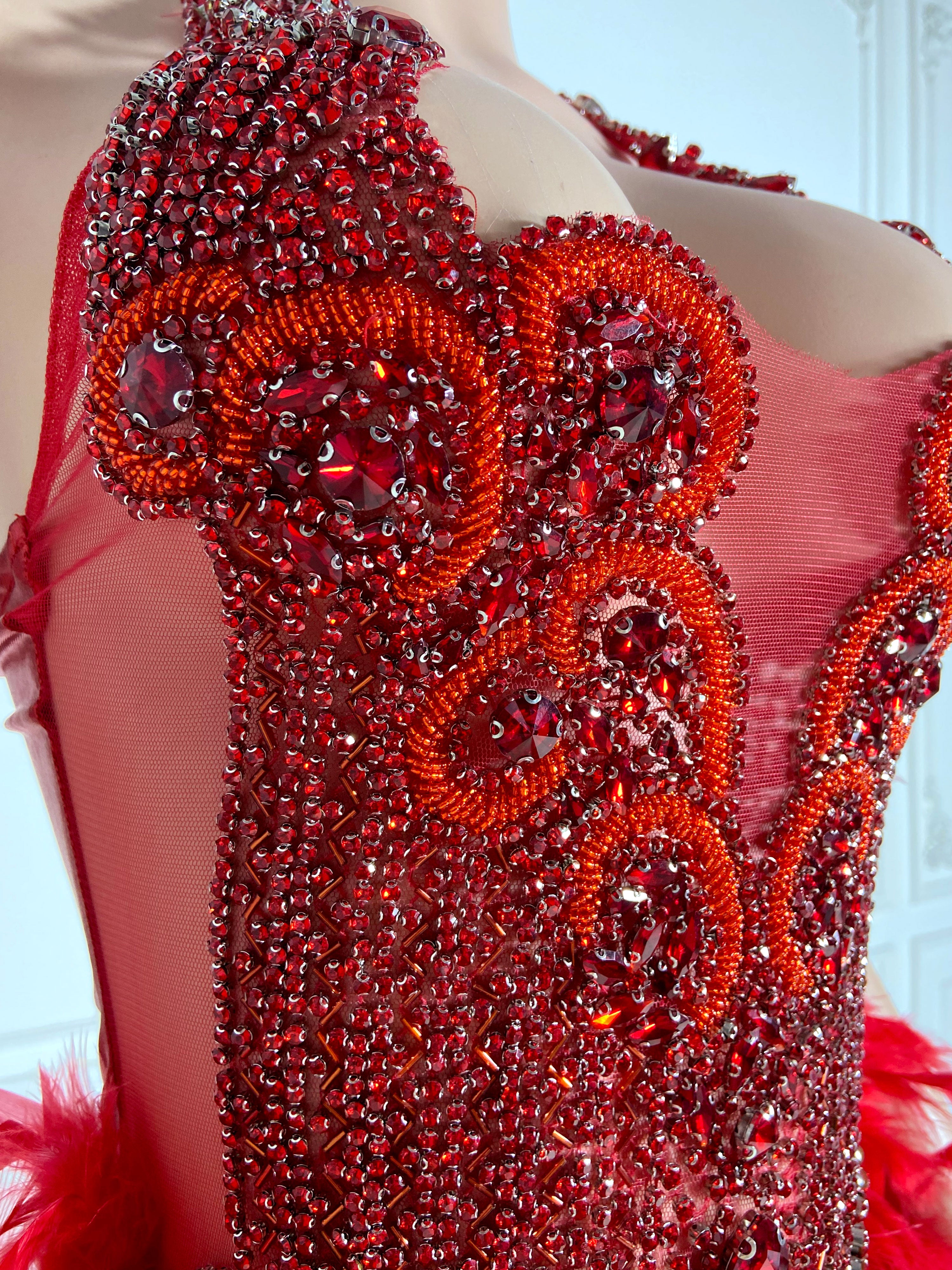Red Alluring Feathered Charm Dress
