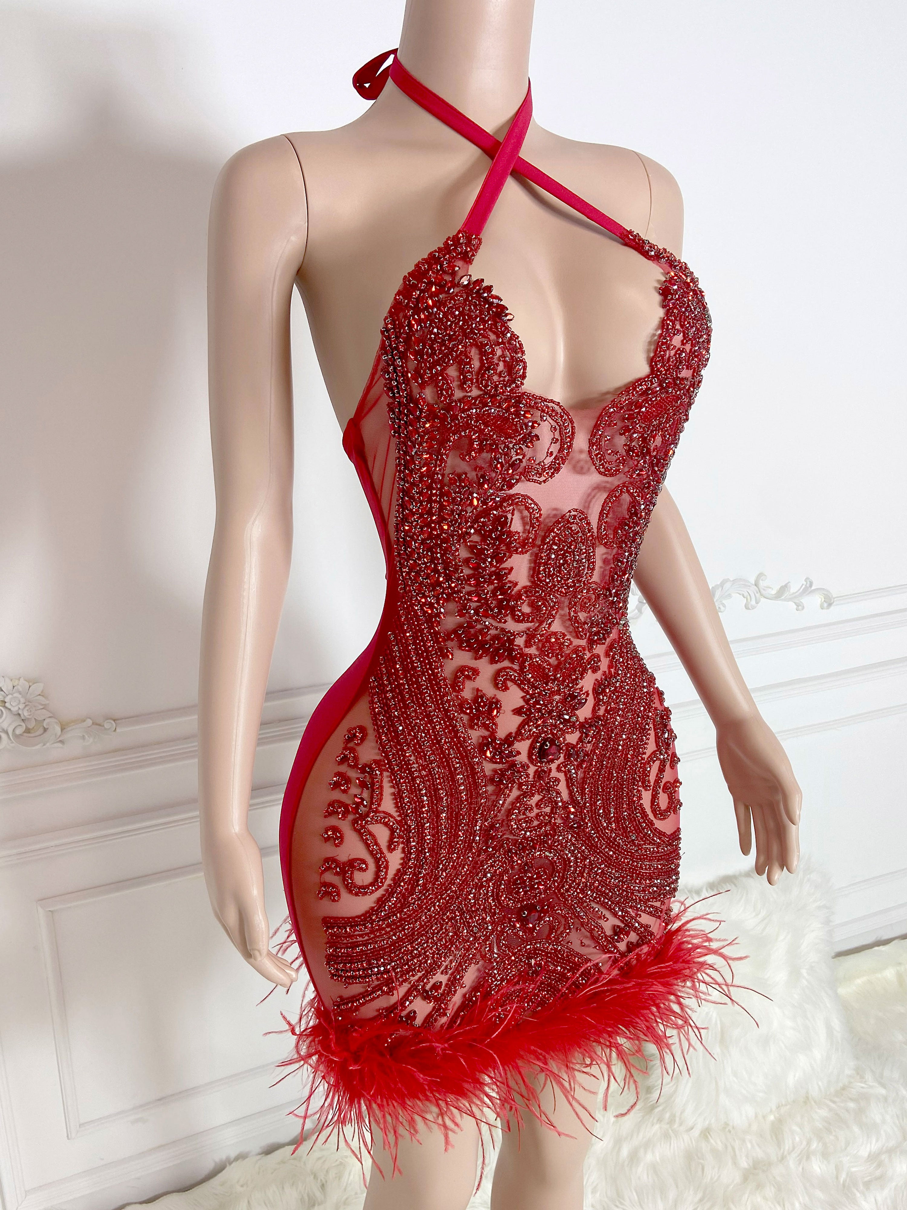 Fiery Red Feathered Halter Mini Dress