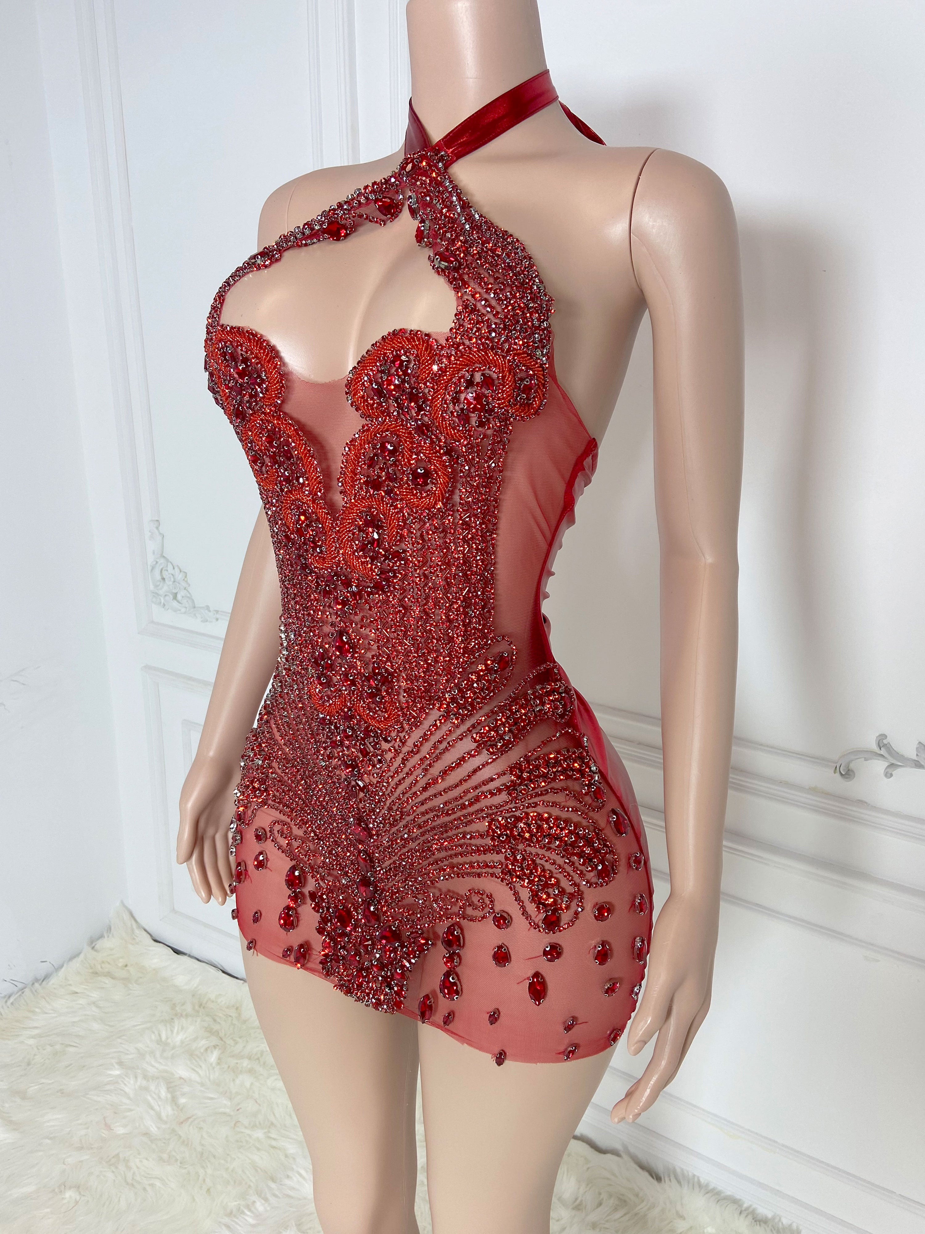 Gleaming Ruby V-Neck Mini Dress