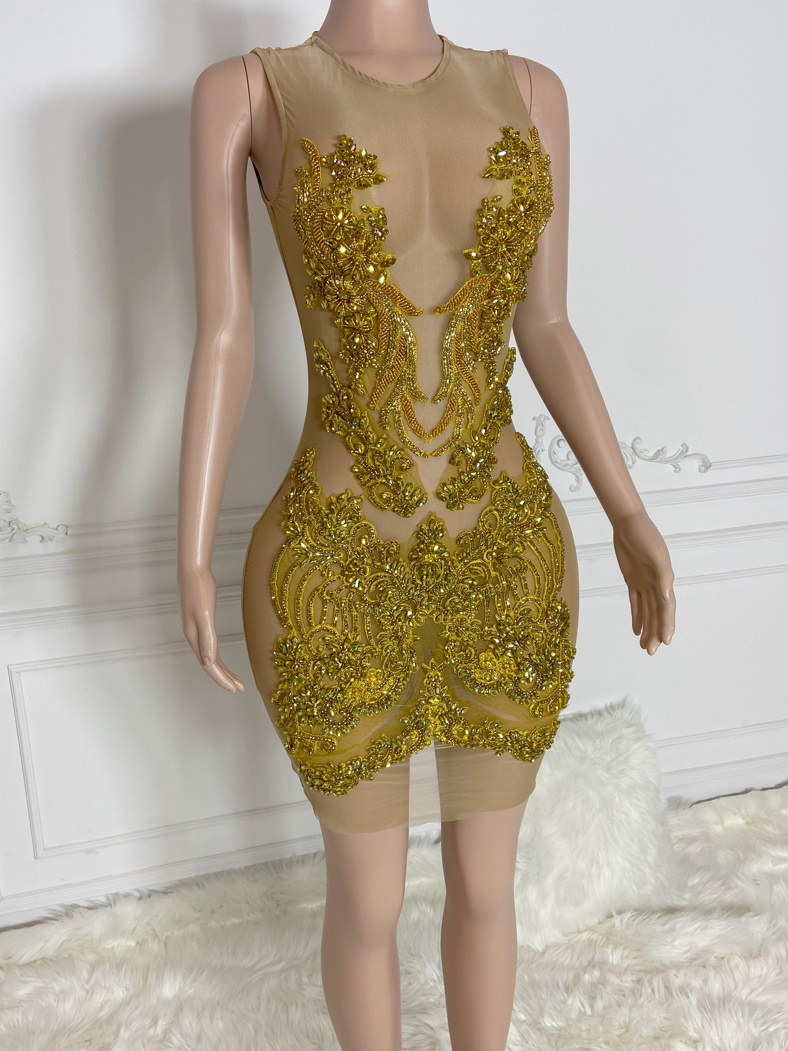 Gold Round Neck Sleeveless with Multi Stones Mini Dress