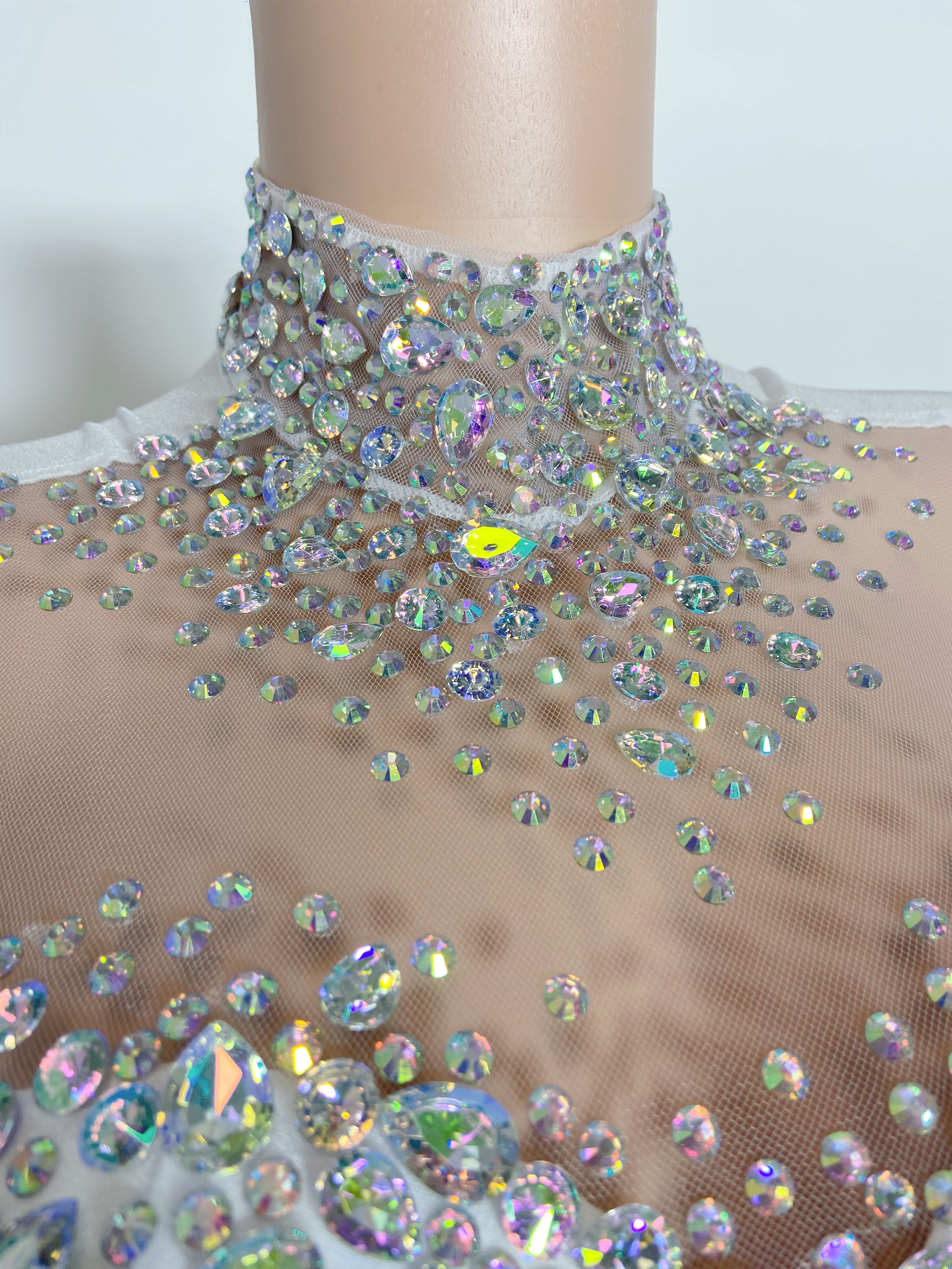 rhinestones mini dress sparkly crystals high neck long sleeve transpar –  Knock Em Out Apparel