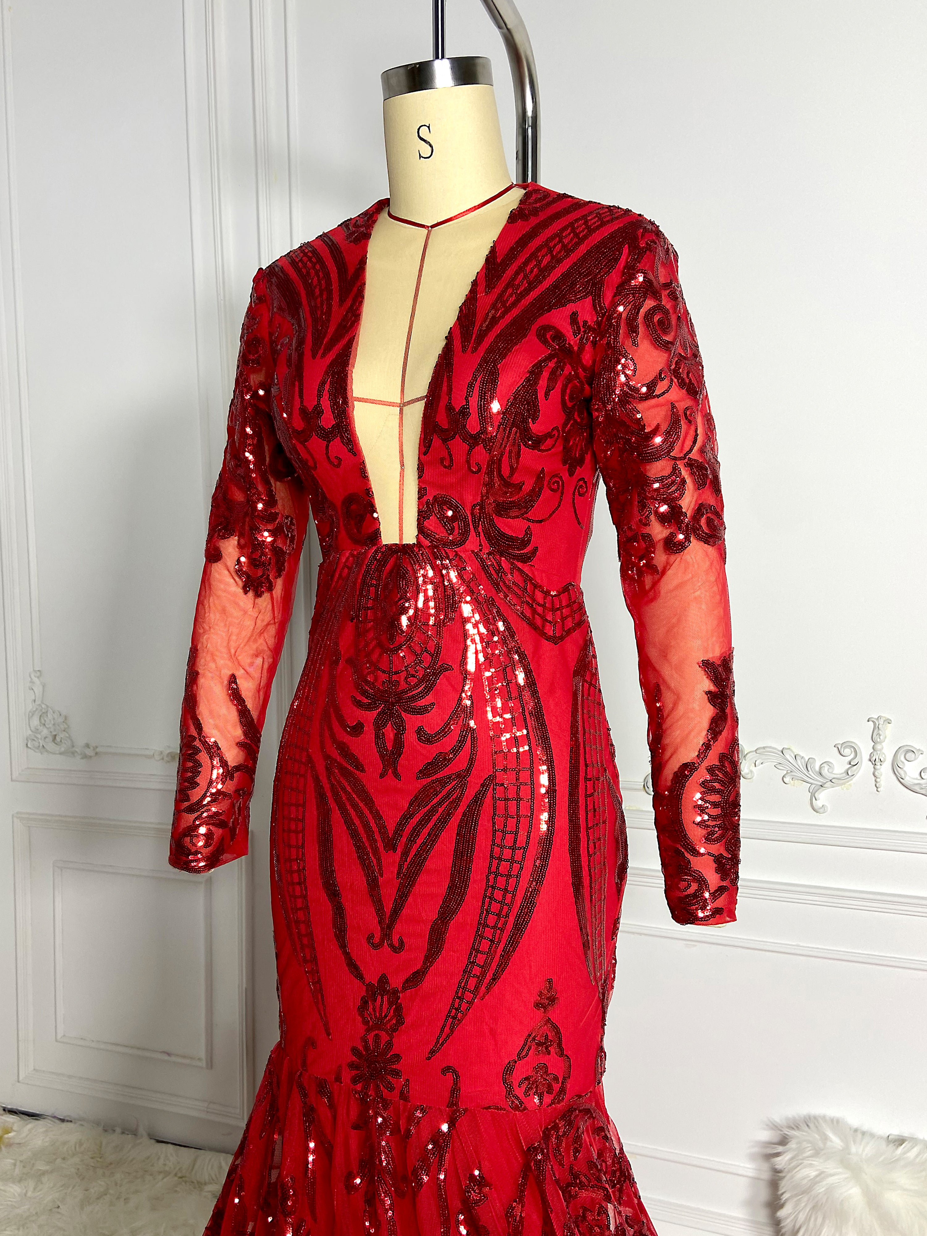 Dazzling Red Cut Out Sequins Gown