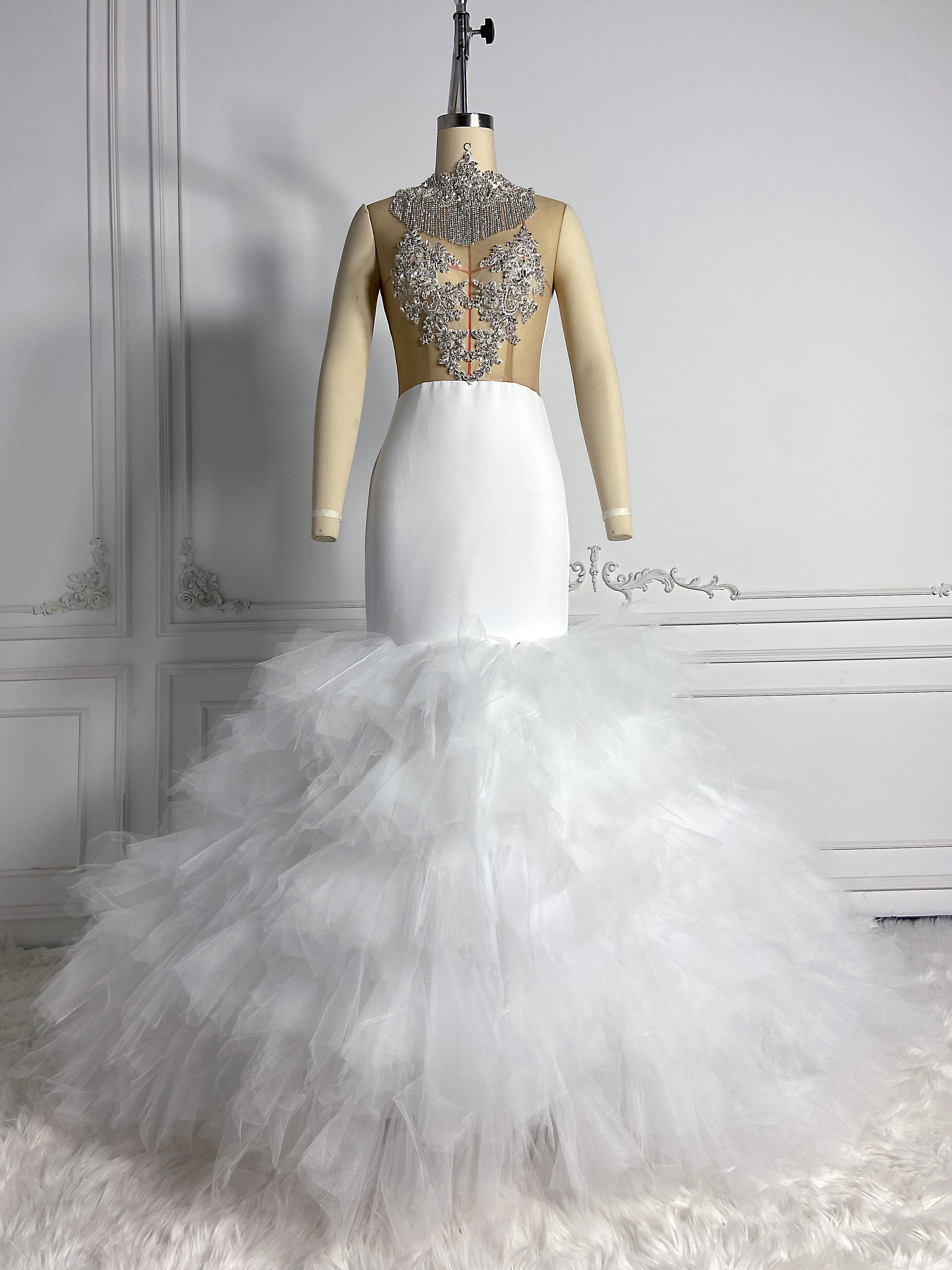 Elegant White Gauze with Rhinestones Gown